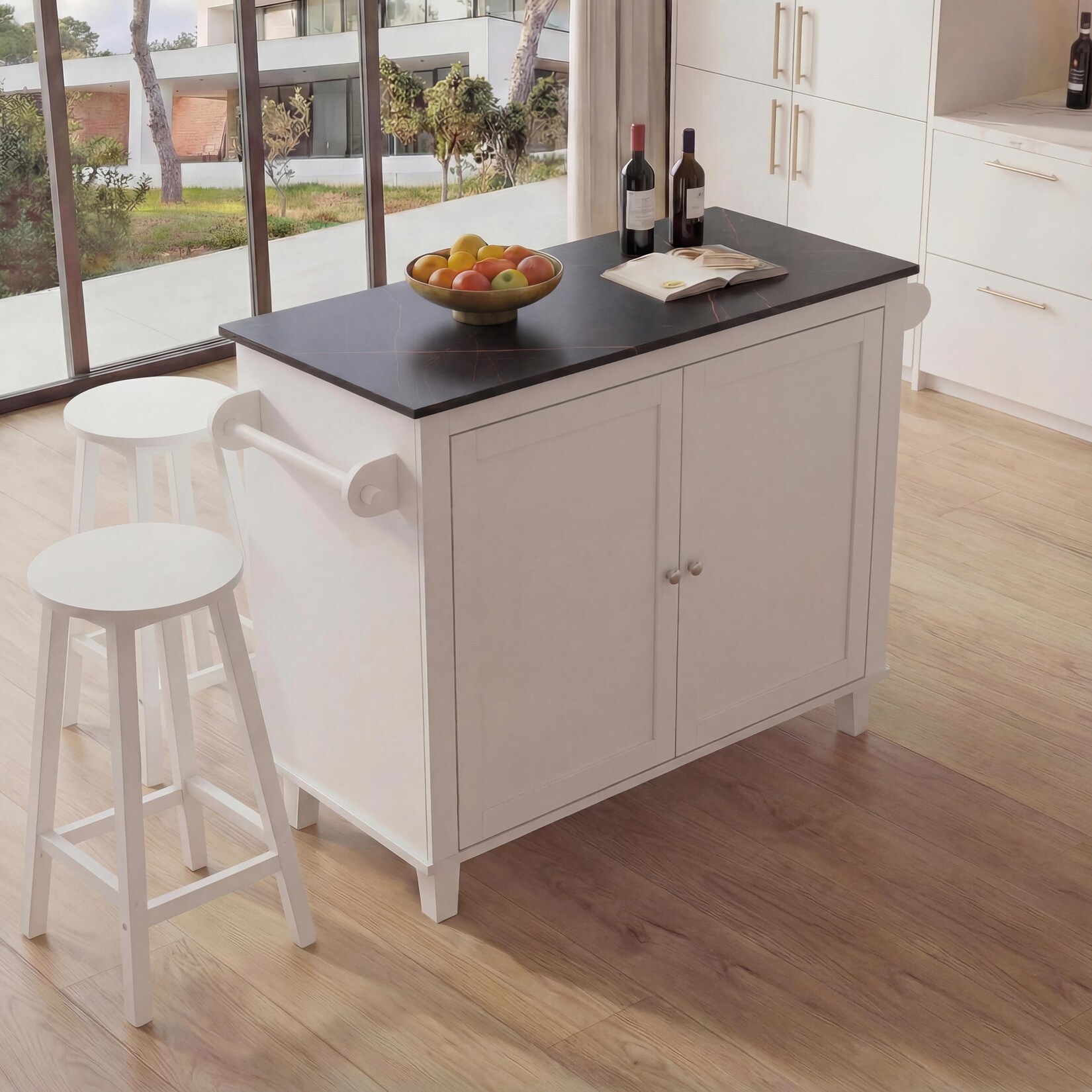 Kücheninsel MCW-P61 mit 2 Sitzhockern, Küchenschrank Staufächer MDF 90x120x45cm ~ weiß, Marmor-Optik schwarz