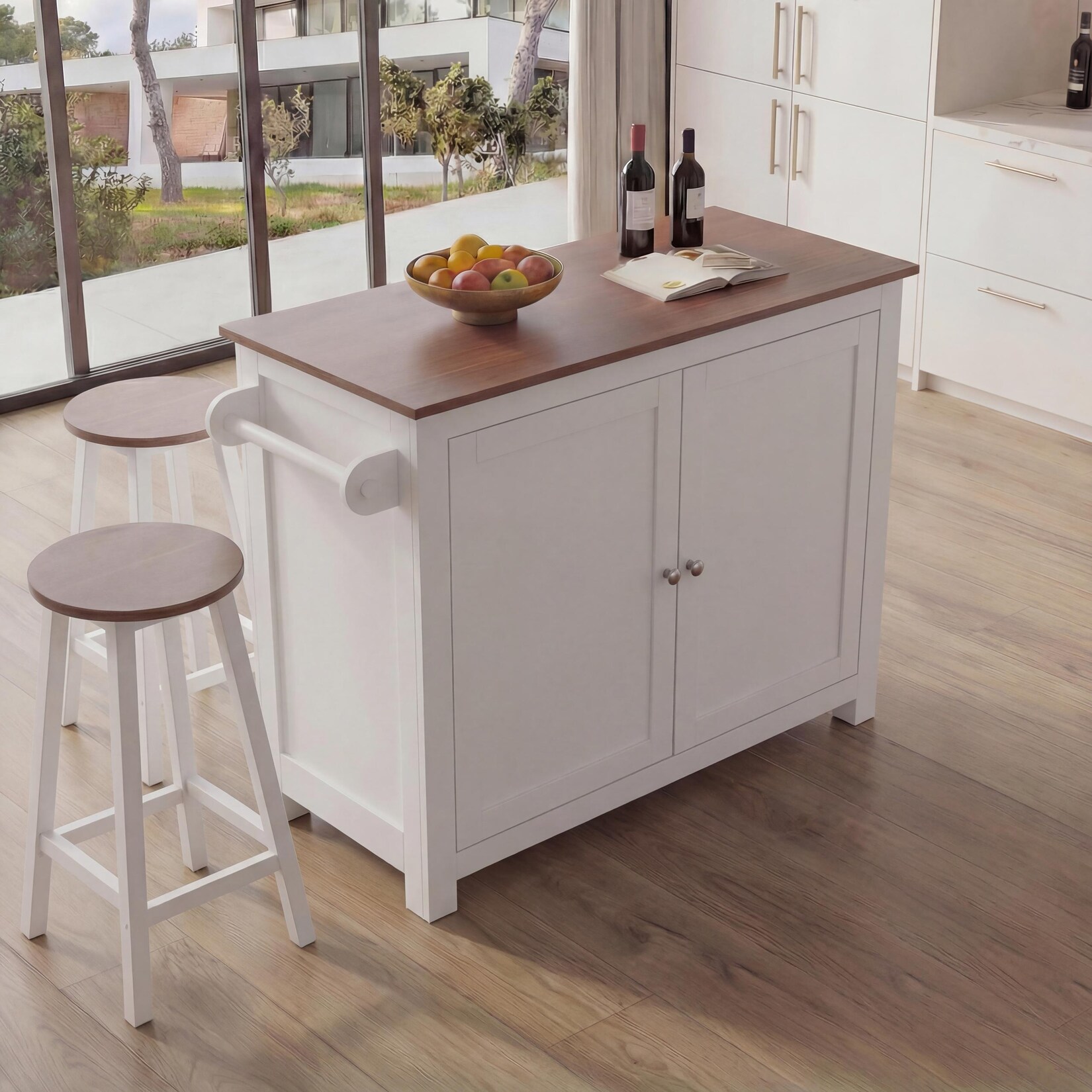 Kücheninsel MCW-P61 mit 2 Sitzhockern, Küchenschrank Staufächer MDF 90x120x45cm ~ weiß, helles Holz