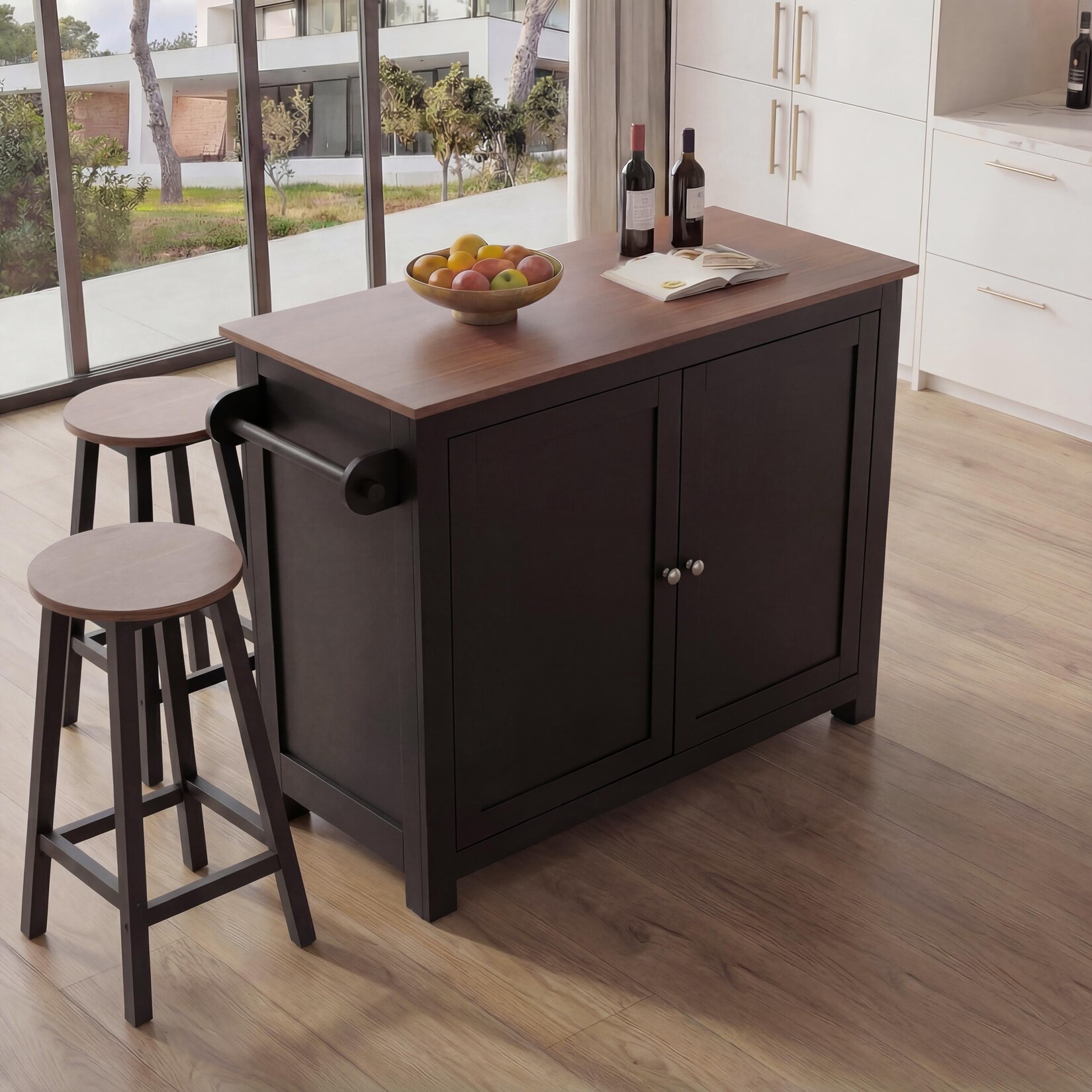 Kücheninsel MCW-P61 mit 2 Sitzhockern, Küchenschrank Staufächer MDF 90x120x45cm ~ schwarz, dunkles Holz