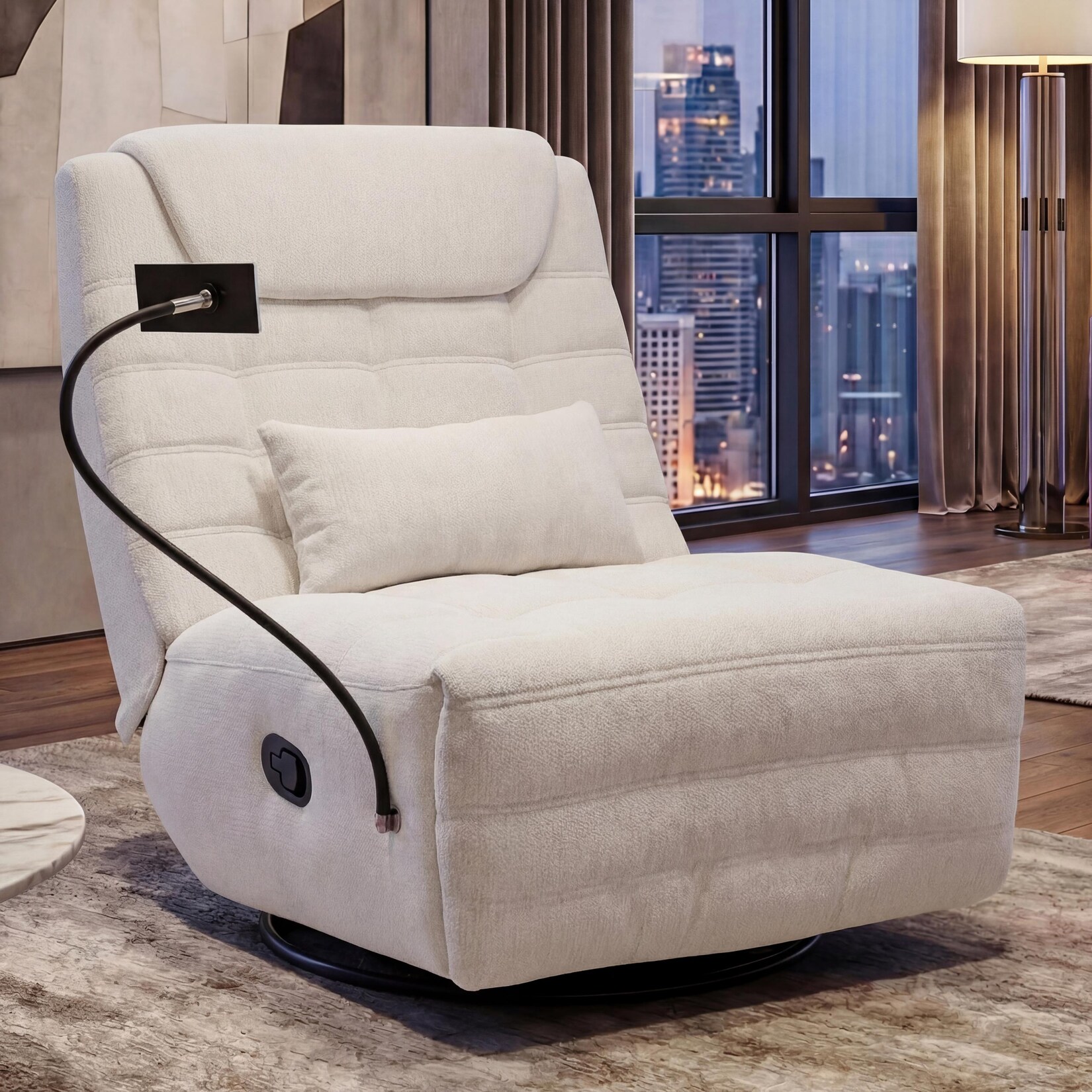 Relaxsessel MCW-P92, TV-Sessel Fernsehsessel, drehbar Kippfunktion Handyhalterung, Stoff Chenille (260g/m²) ~ creme-weiß