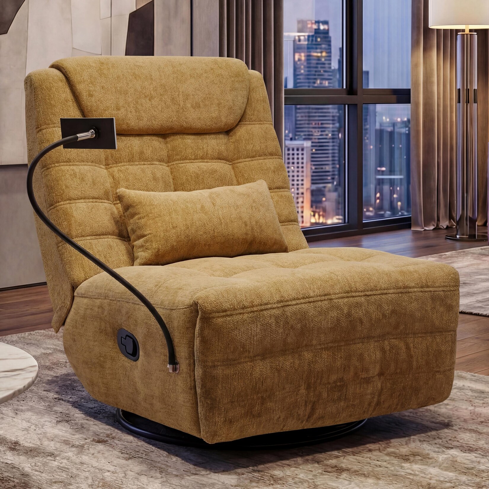 Relaxsessel MCW-P92, TV-Sessel Fernsehsessel, drehbar Kippfunktion Handyhalterung, Stoff Chenille (260g/m²) ~ gelb
