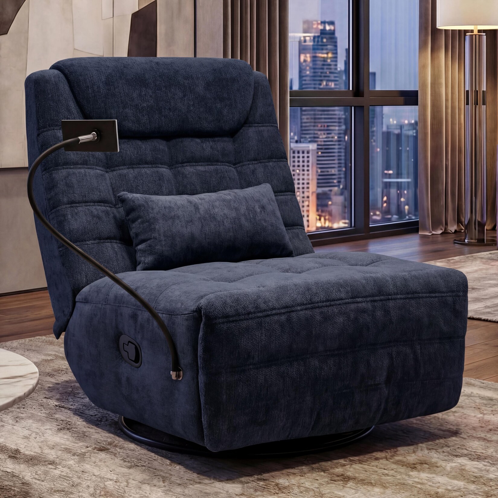 Relaxsessel MCW-P92, TV-Sessel Fernsehsessel, drehbar Kippfunktion Handyhalterung, Stoff Chenille (260g/m²) ~ blau
