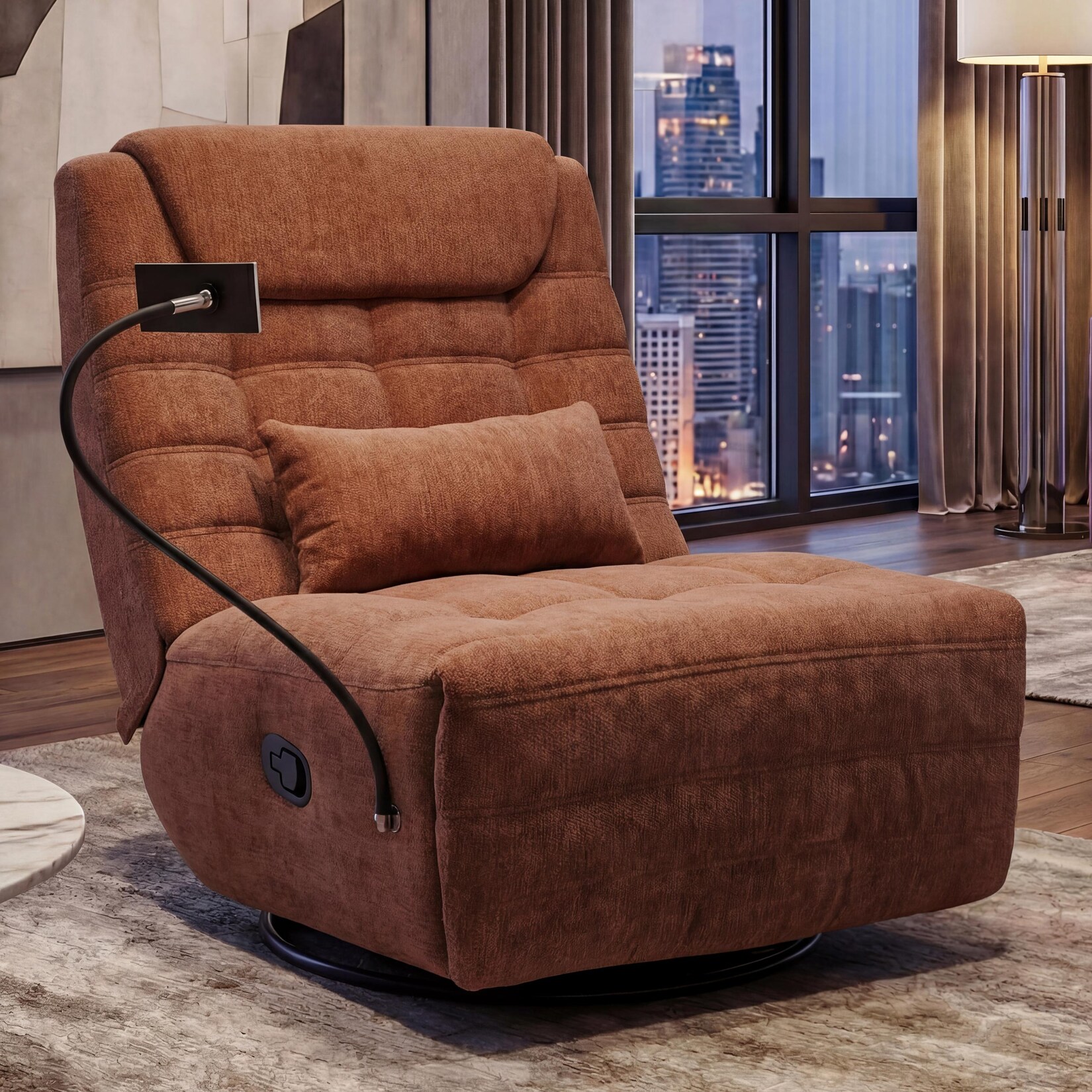 Relaxsessel MCW-P92, TV-Sessel Fernsehsessel, drehbar Kippfunktion Handyhalterung, Stoff Chenille (260g/m²) ~ terrakotta
