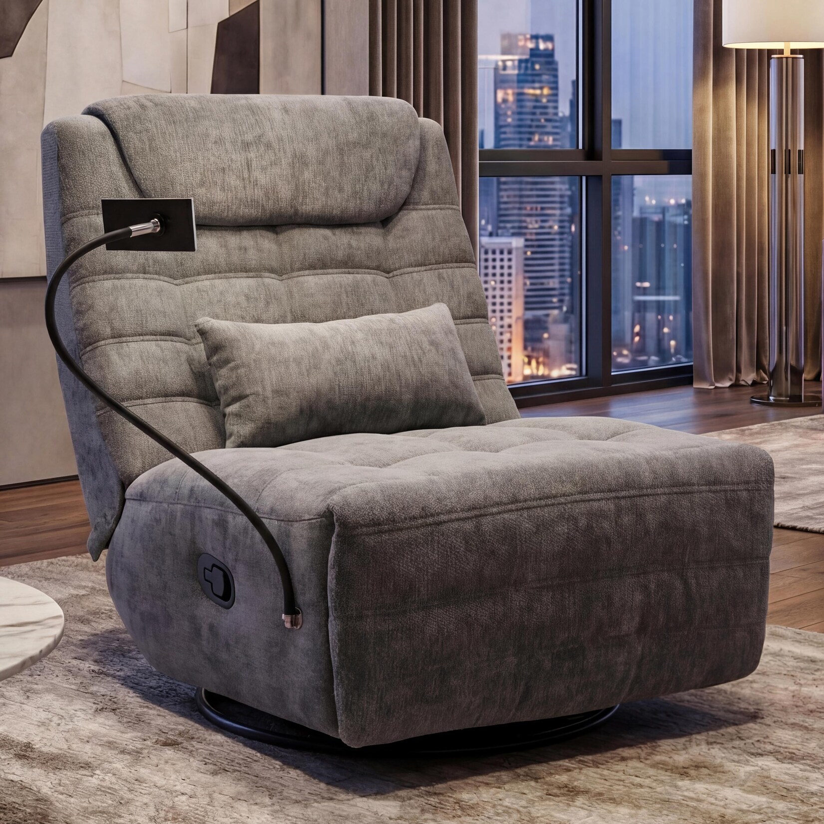 Relaxsessel MCW-P92, TV-Sessel Fernsehsessel, drehbar Kippfunktion Handyhalterung, Stoff Chenille (260g/m²) ~ dunkelgrau