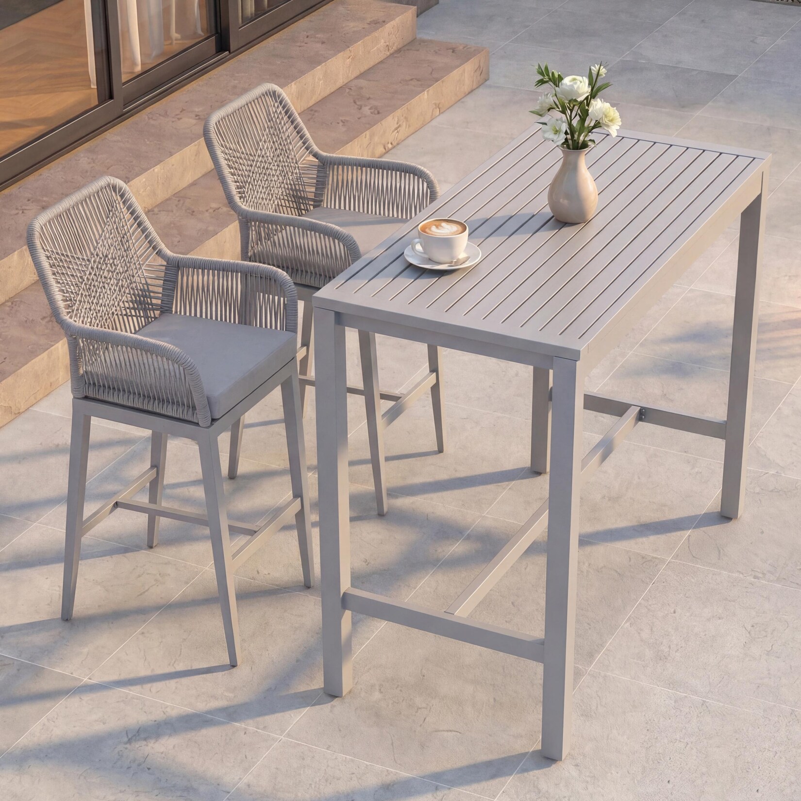 Set Bartisch + 2x Barhocker MCW-P91, Barstuhl Stehtisch, Outdoor Sitzpolster Seilgeflecht Metall ~ hellgrau