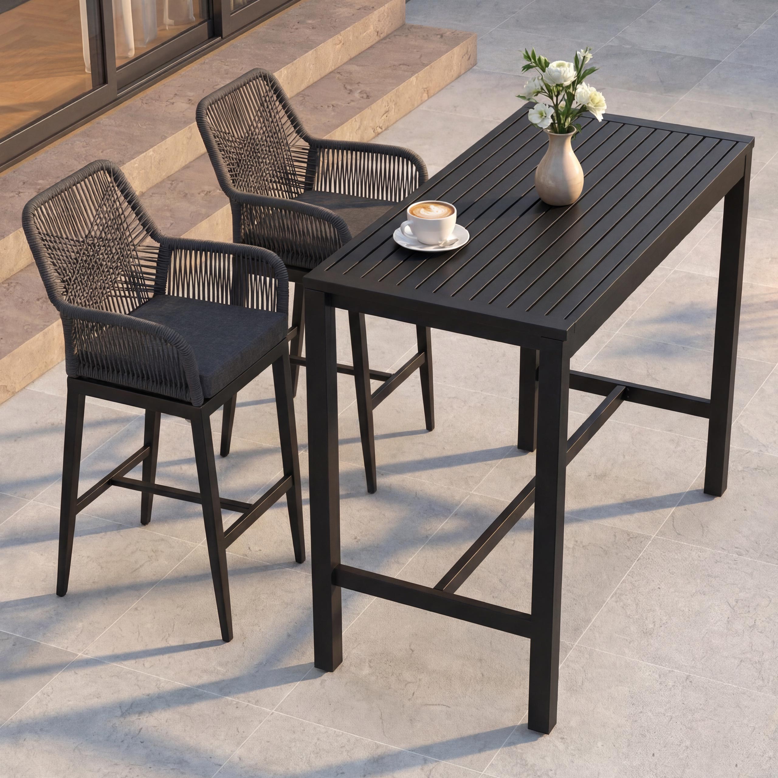 Set Bartisch + 2x Barhocker MCW-P91, Barstuhl Stehtisch, Outdoor Sitzpolster Seilgeflecht Metall ~ anthrazit - Bild 1