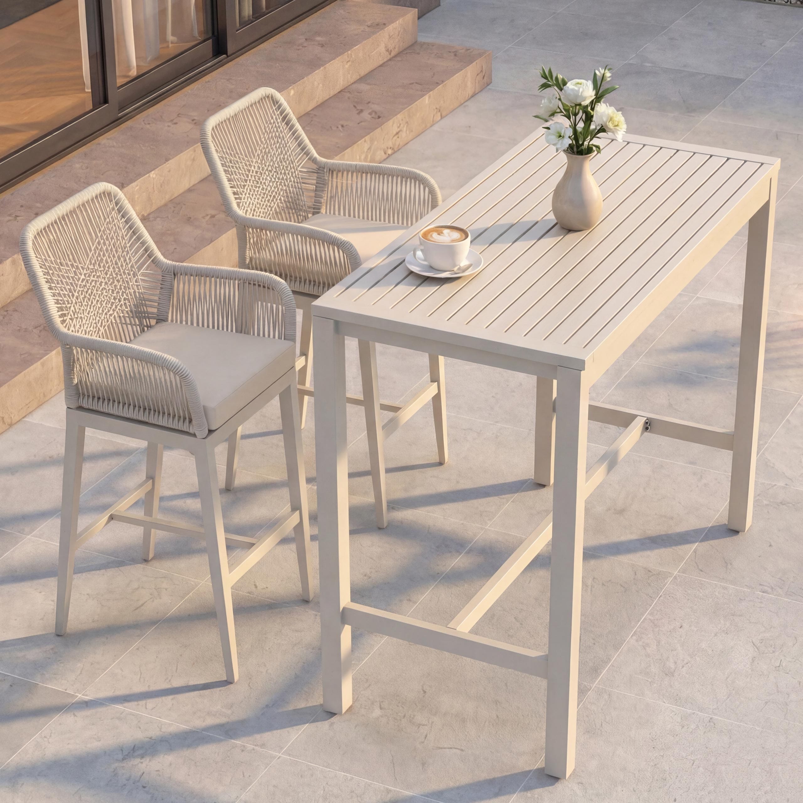 Set Bartisch + 2x Barhocker MCW-P91, Barstuhl Stehtisch, Outdoor Sitzpolster Seilgeflecht Metall ~ creme - Bild 1