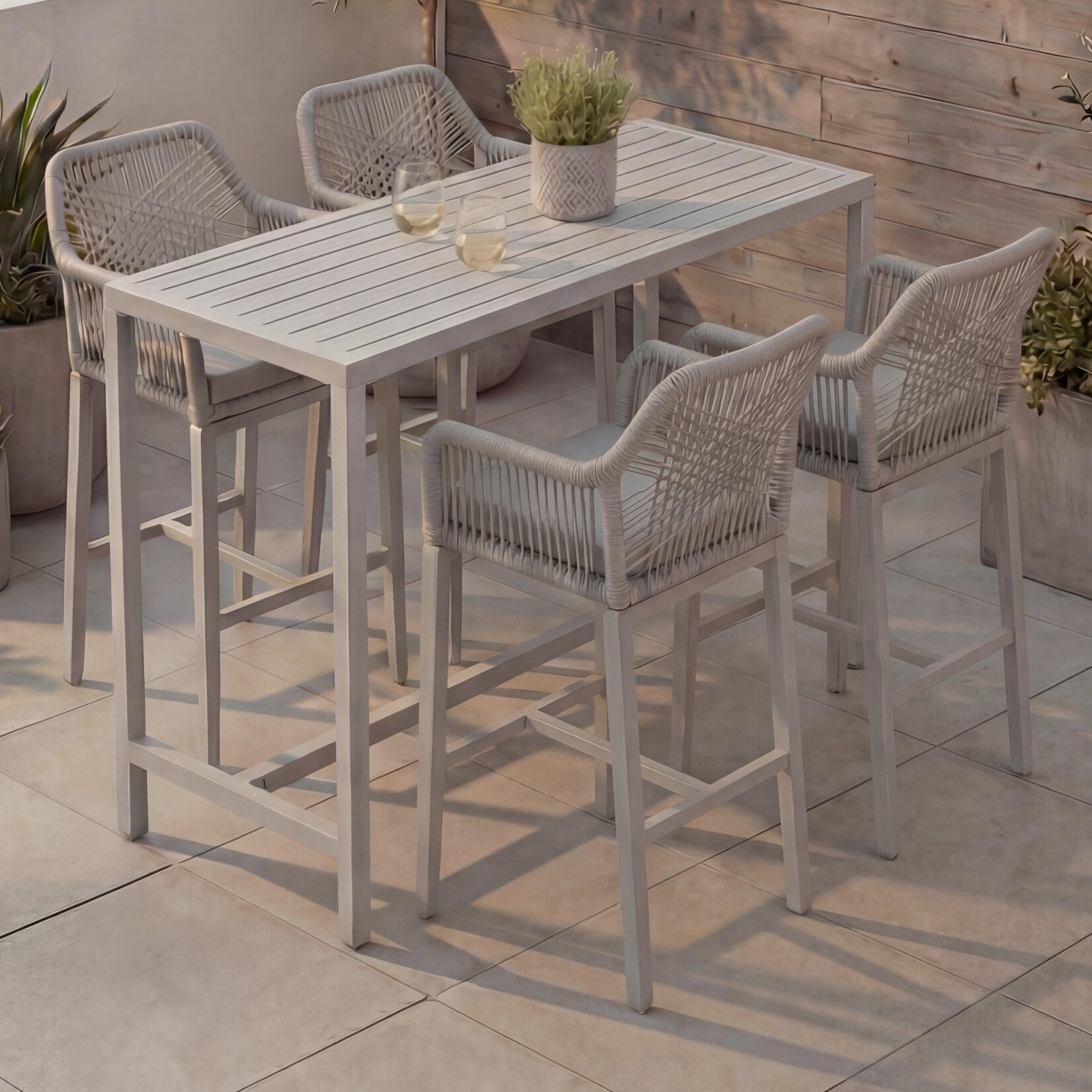 Set Bartisch + 4x Barhocker MCW-P91, Barstuhl Stehtisch, Outdoor Sitzpolster Seilgeflecht Metall ~ hellgrau