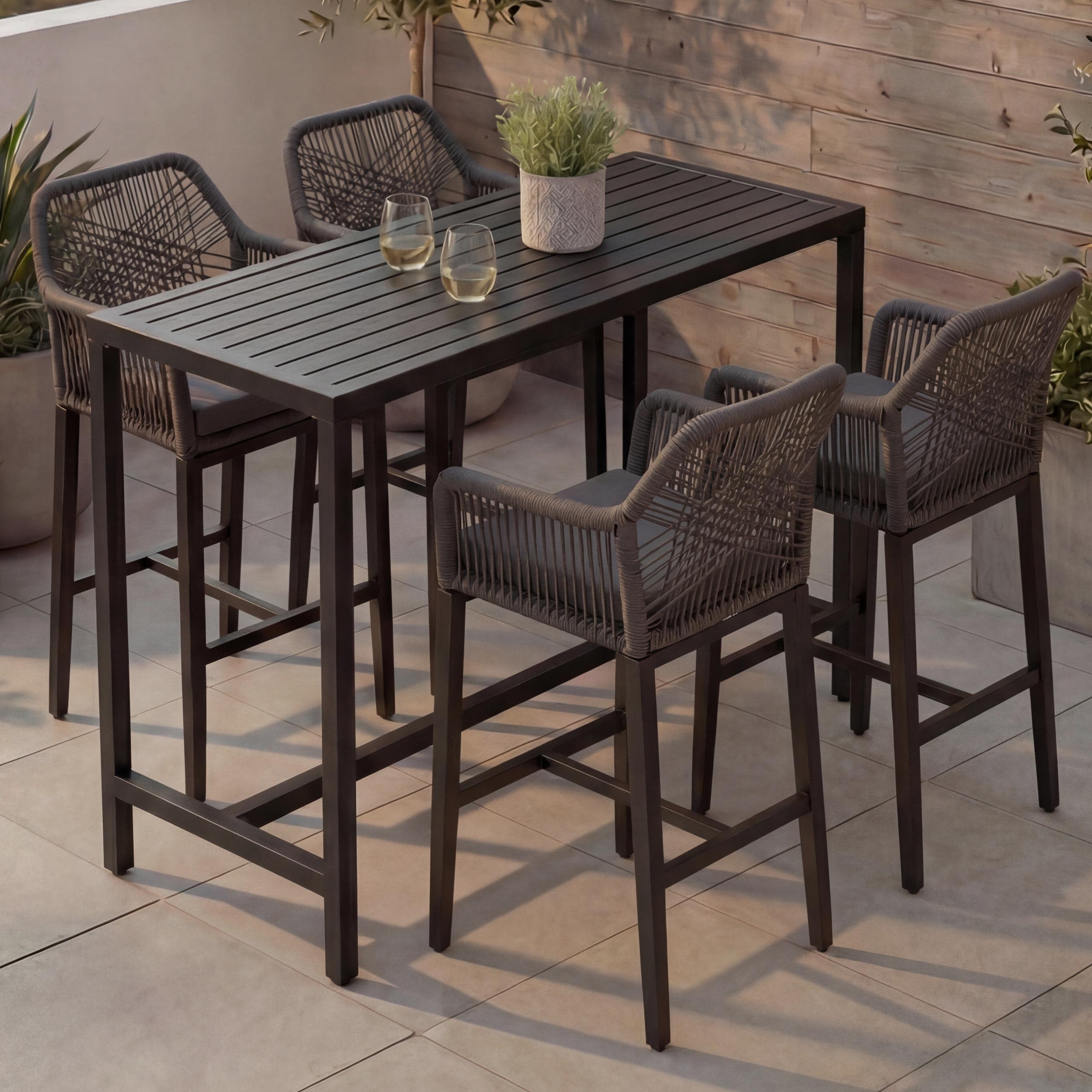 Set Bartisch + 4x Barhocker MCW-P91, Barstuhl Stehtisch, Outdoor Sitzpolster Seilgeflecht Metall ~ anthrazit - Bild 1