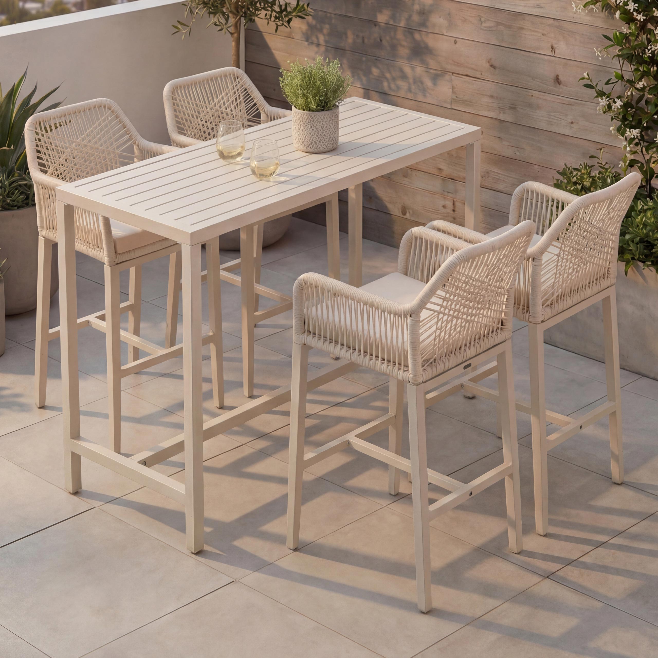 Set Bartisch + 4x Barhocker MCW-P91, Barstuhl Stehtisch, Outdoor Sitzpolster Seilgeflecht Metall ~ creme - Bild 1