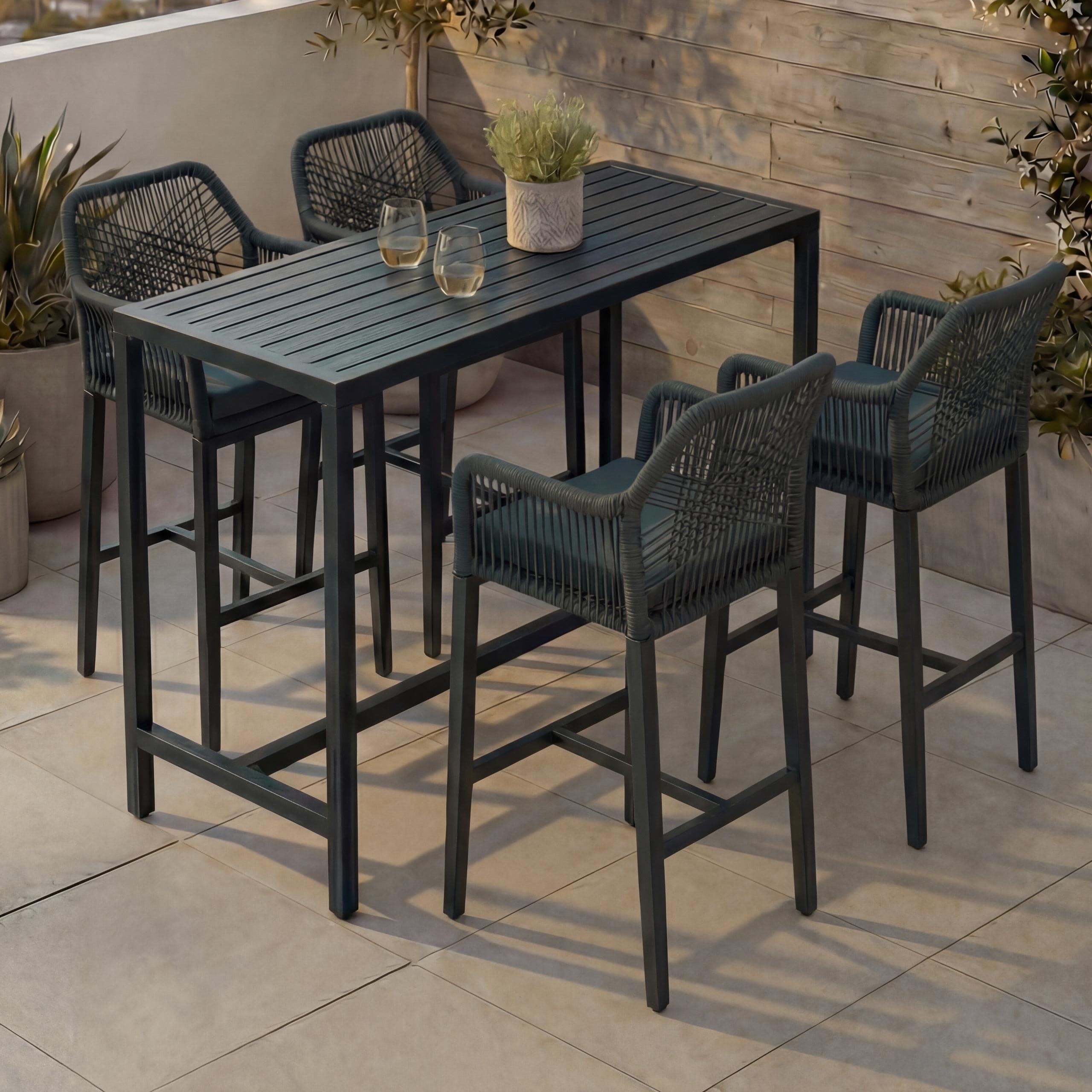 Set Bartisch + 4x Barhocker MCW-P91, Barstuhl Stehtisch, Outdoor Sitzpolster Seilgeflecht Metall ~ olivgr&uuml;n - Bild 1