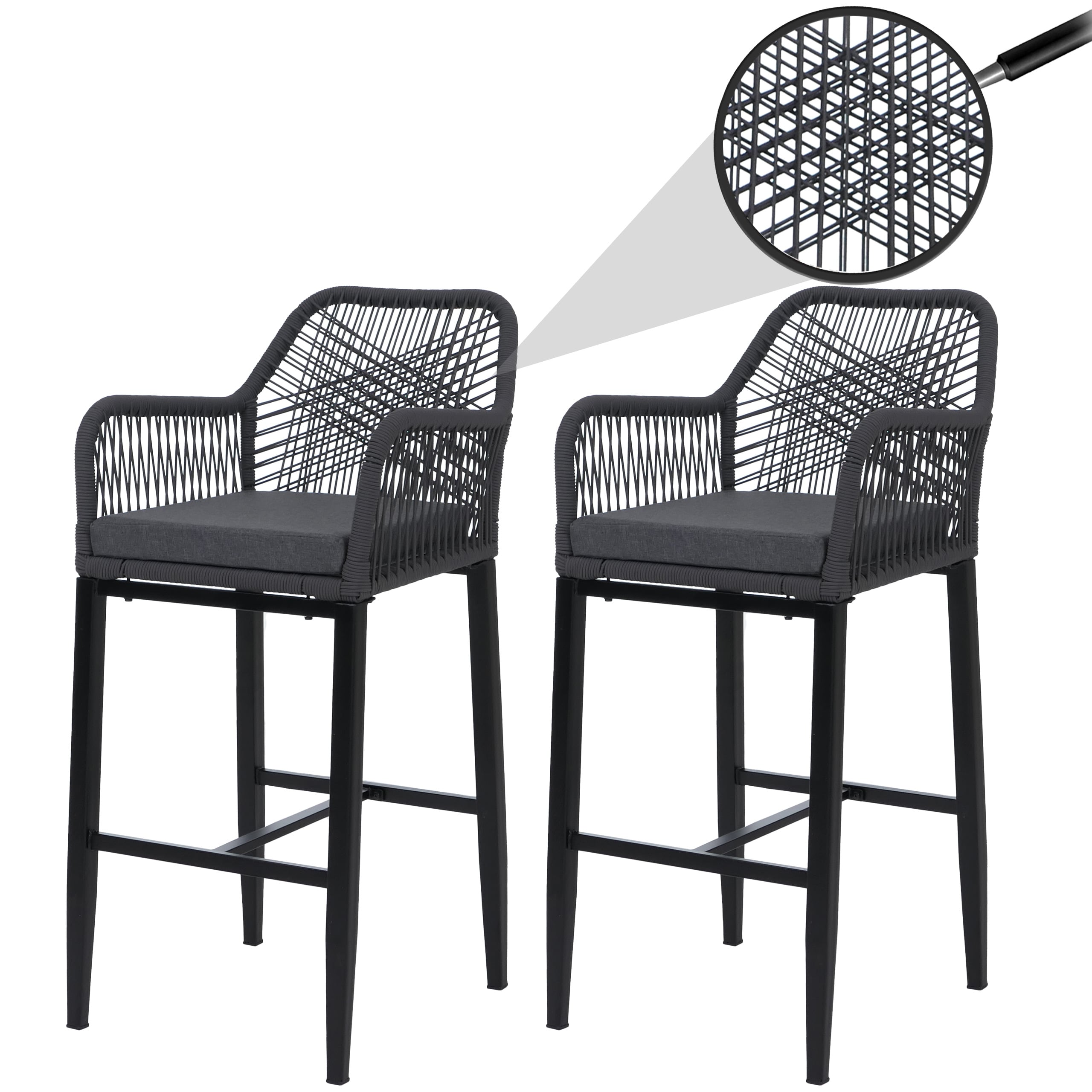 2er-Set Rope-Barhocker MCW-P91, Barstuhl Tresenhocker, Outdoor Sitzpolster Seilgeflecht Metall ~ anthrazit - Bild 1