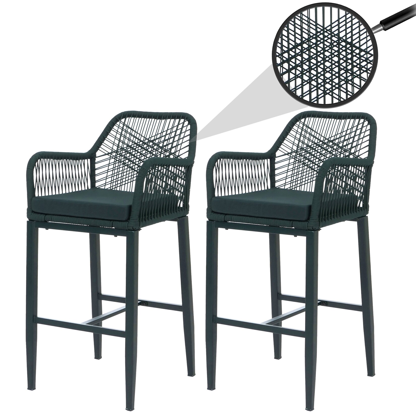 2er-Set Rope-Barhocker MCW-P91, Barstuhl Tresenhocker, Outdoor Sitzpolster Seilgeflecht Metall ~ grün