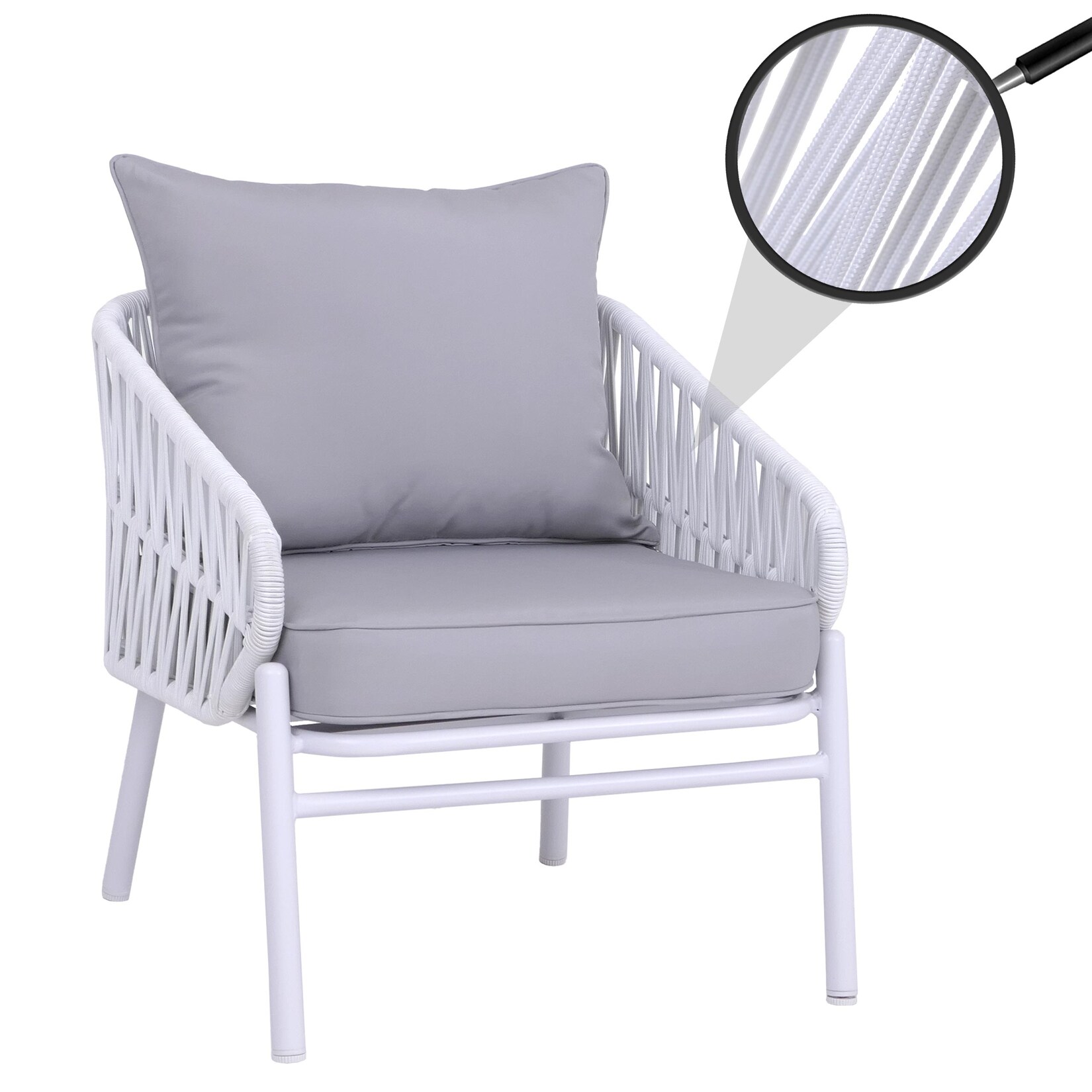 Aluminium-Gartenstuhl MCW-P90, Loungestuhl Sessel Outdoor, Seilgeflecht Rope Stoff/Textil (180g/m²) ~ hellgrau