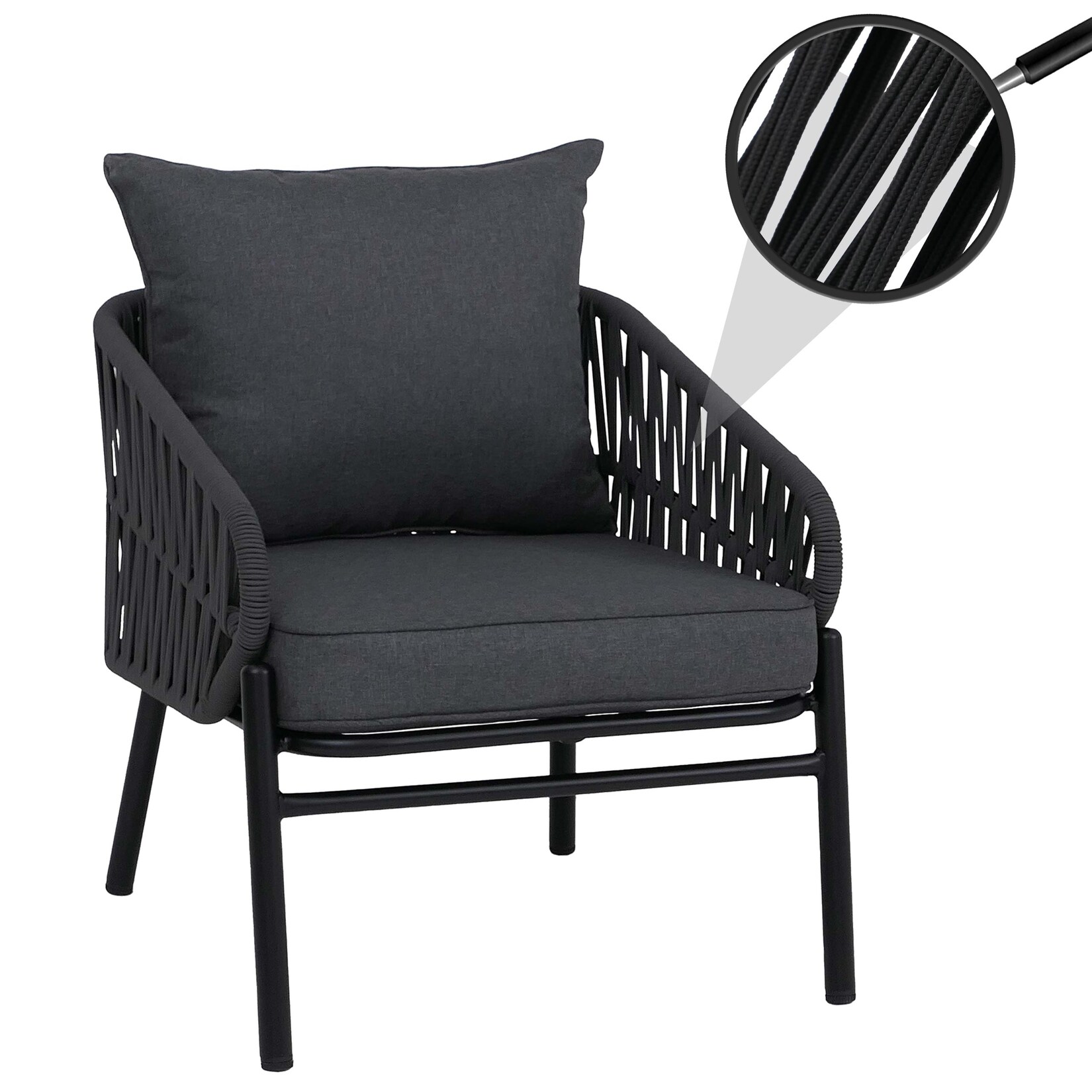 Aluminium-Gartenstuhl MCW-P90, Loungestuhl Sessel Outdoor, Seilgeflecht Rope Stoff/Textil (180g/m²) ~ anthrazit
