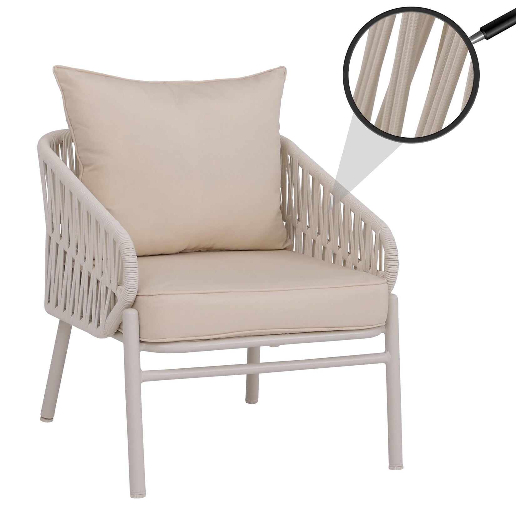 Aluminium-Gartenstuhl MCW-P90, Loungestuhl Sessel Outdoor, Seilgeflecht Rope Stoff/Textil (180g/m²) ~ creme