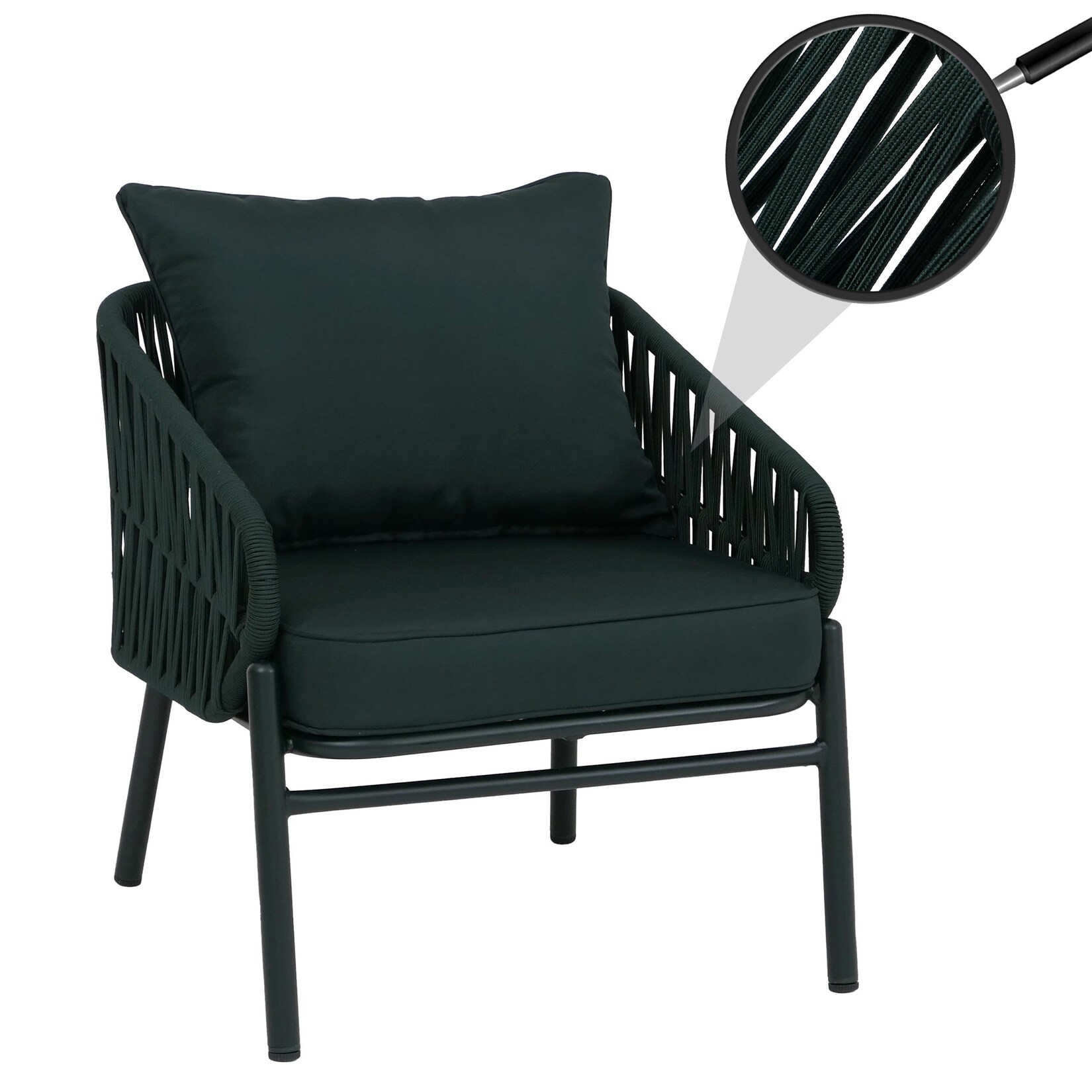 Aluminium-Gartenstuhl MCW-P90, Loungestuhl Sessel Outdoor, Seilgeflecht Rope Stoff/Textil (180g/m²) ~ grün