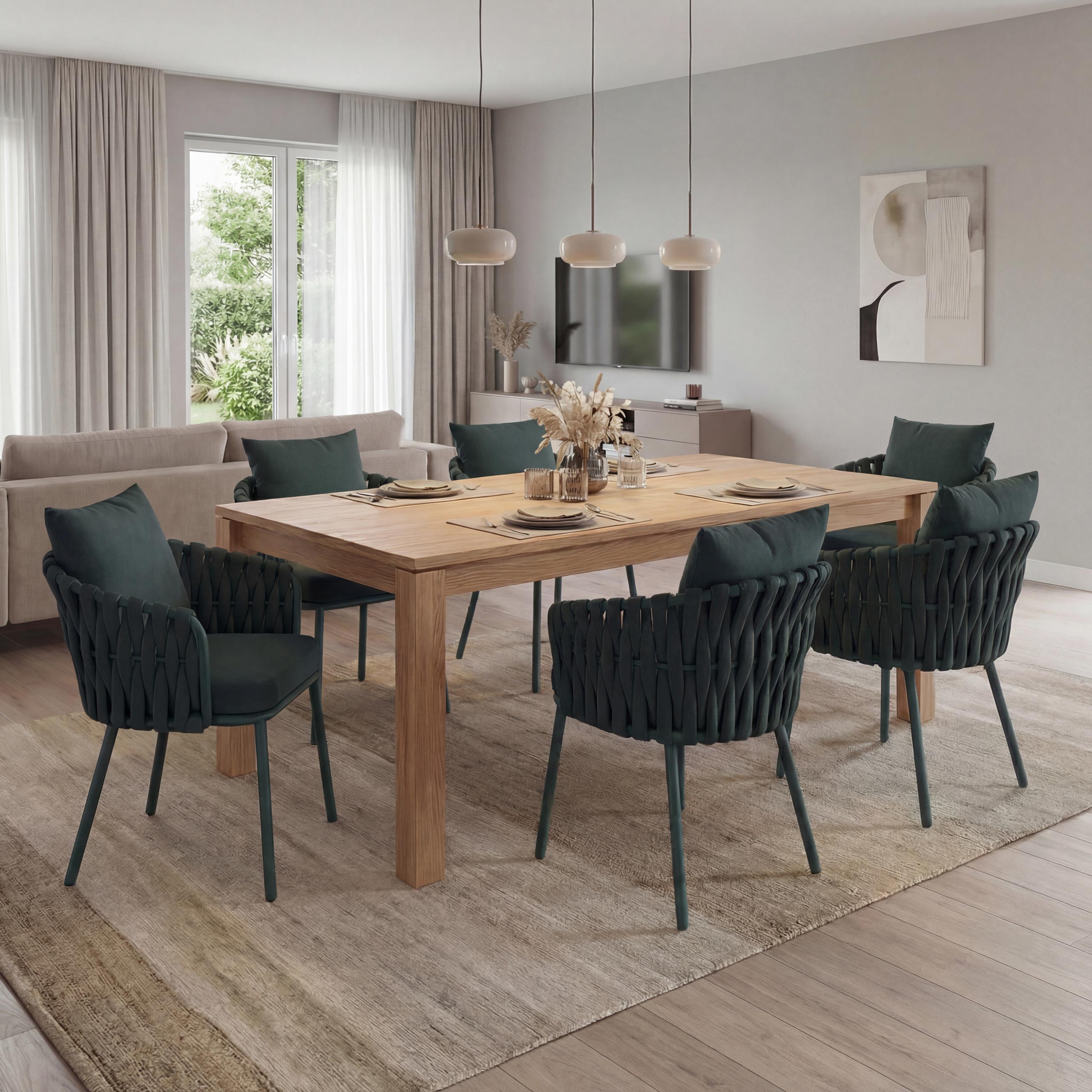 6er-Set Aluminium-Esszimmerstuhl MCW-P89, Indoor Stuhl Armlehne, Stoff/Textil (180 g/m&sup2;) Seilgeflecht Rope ~ gr&uuml;n - Bild 1