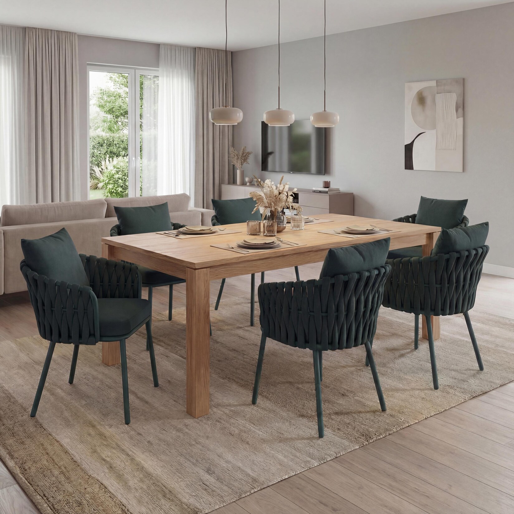 6er-Set Aluminium-Esszimmerstuhl MCW-P89, Indoor Stuhl Armlehne, Stoff/Textil (180 g/m²) Seilgeflecht Rope ~ grün