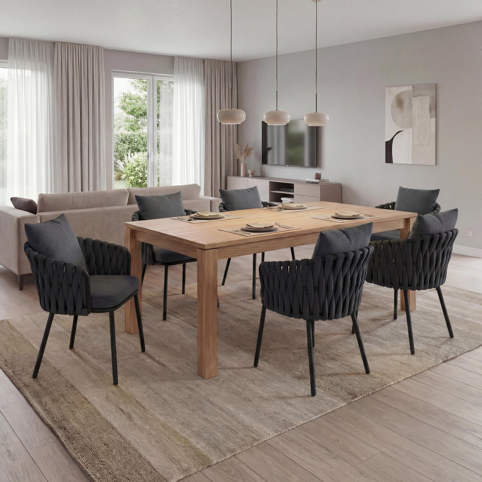 6er-Set Aluminium-Esszimmerstuhl MCW-P89, Indoor Stuhl Armlehne, Stoff/Textil (180 g/m²) Seilgeflecht Rope ~ anthrazit