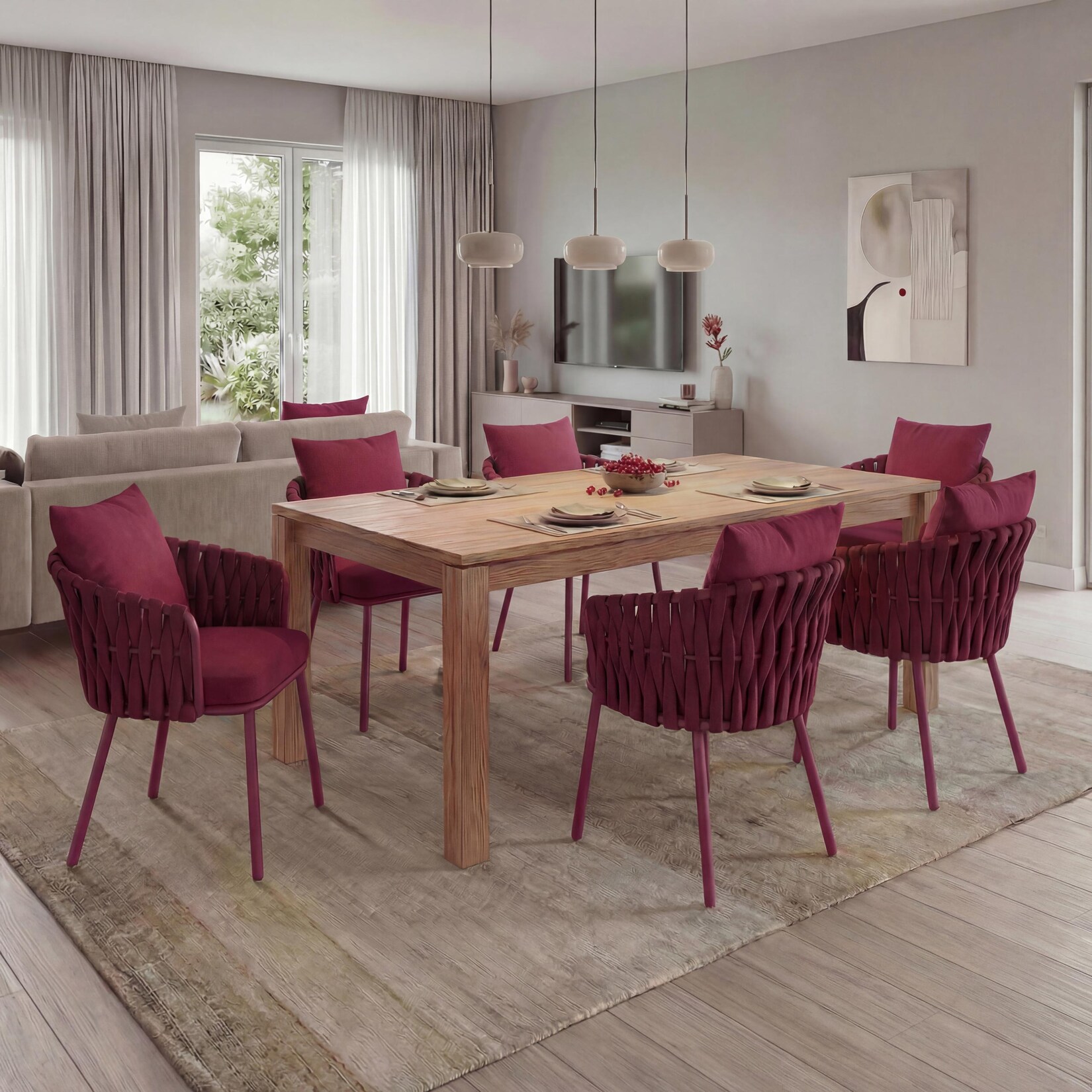 6er-Set Aluminium-Esszimmerstuhl MCW-P89, Indoor Stuhl Armlehne, Stoff/Textil (180 g/m²) Seilgeflecht Rope ~ bordeaux