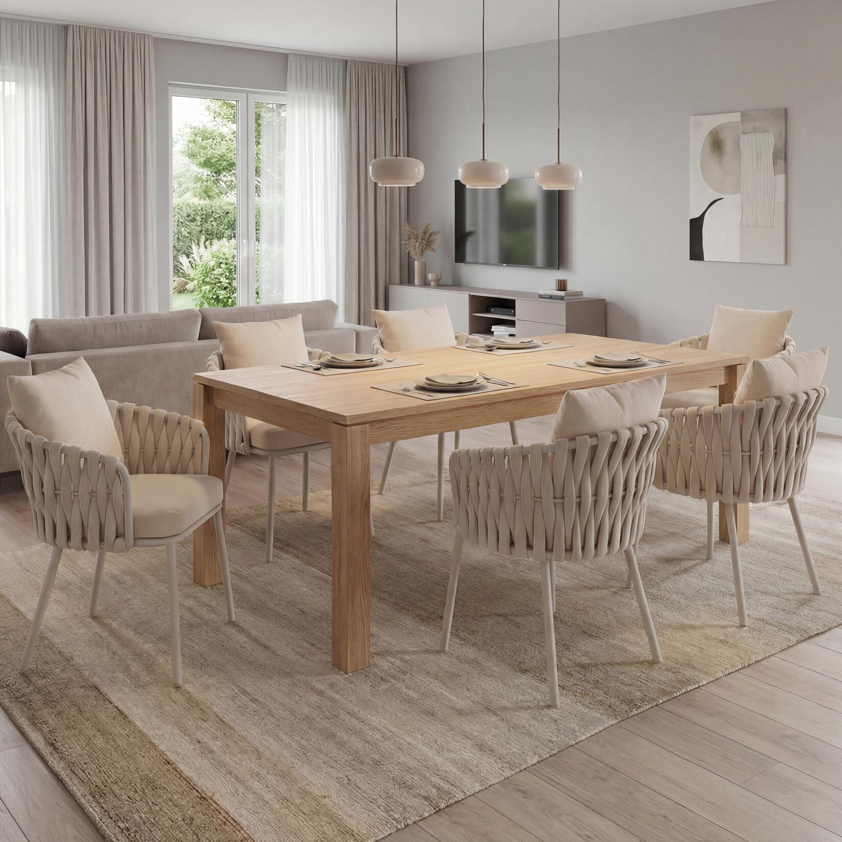 6er-Set Aluminium-Esszimmerstuhl MCW-P89, Indoor Stuhl Armlehne, Stoff/Textil (180 g/m²) Seilgeflecht Rope ~ creme
