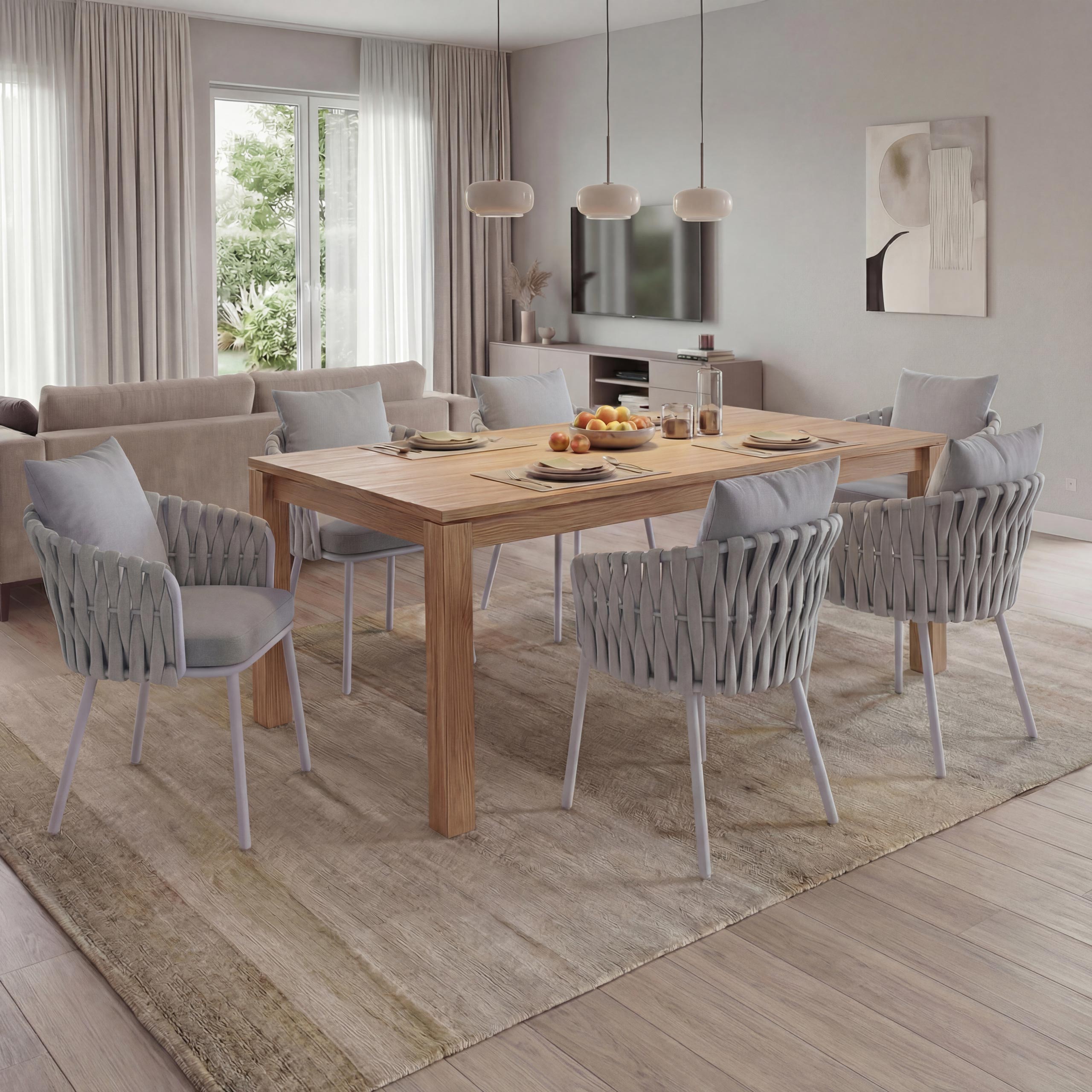 6er-Set Aluminium-Esszimmerstuhl MCW-P89, Indoor Stuhl Armlehne, Stoff/Textil (180 g/m&sup2;) Seilgeflecht Rope ~ hellgrau - Bild 1