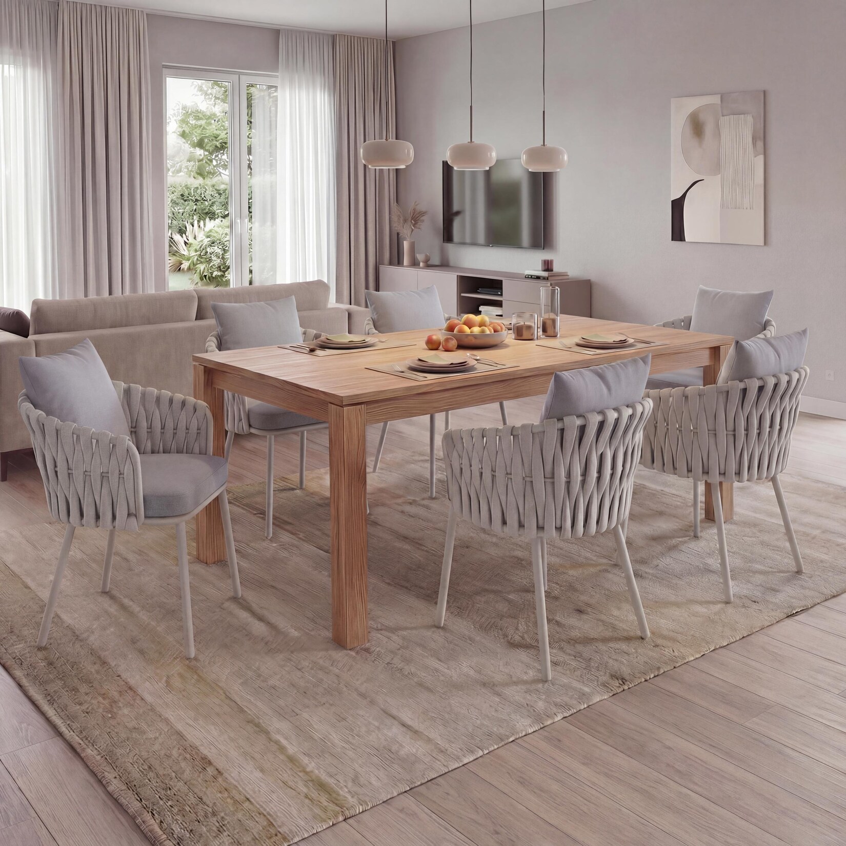 6er-Set Aluminium-Esszimmerstuhl MCW-P89, Indoor Stuhl Armlehne, Stoff/Textil (180 g/m²) Seilgeflecht Rope ~ hellgrau