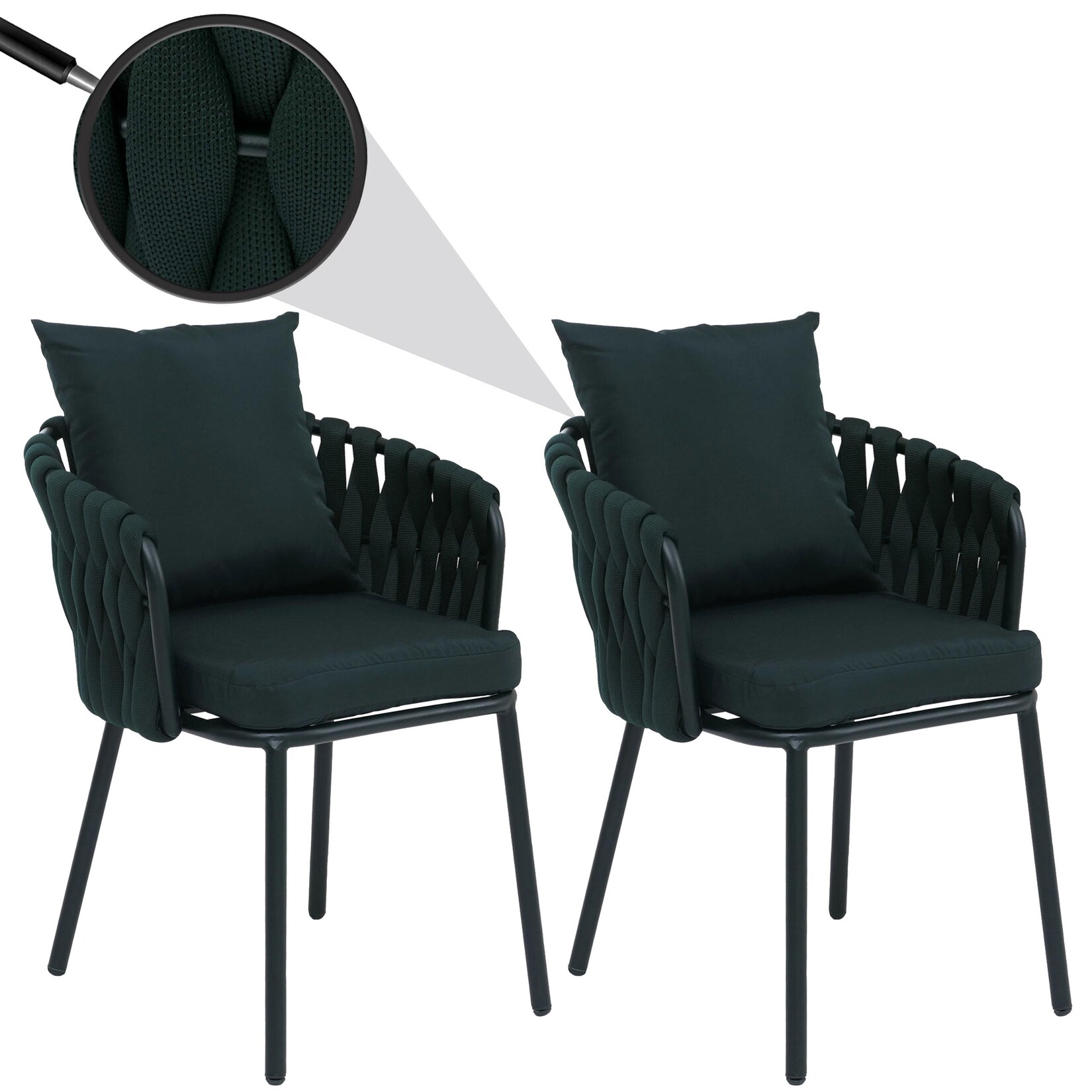 2er-Set Aluminium-Esszimmerstuhl MCW-P89, Indoor Stuhl Armlehne, Stoff/Textil (180 g/m²) Seilgeflecht Rope ~ grün