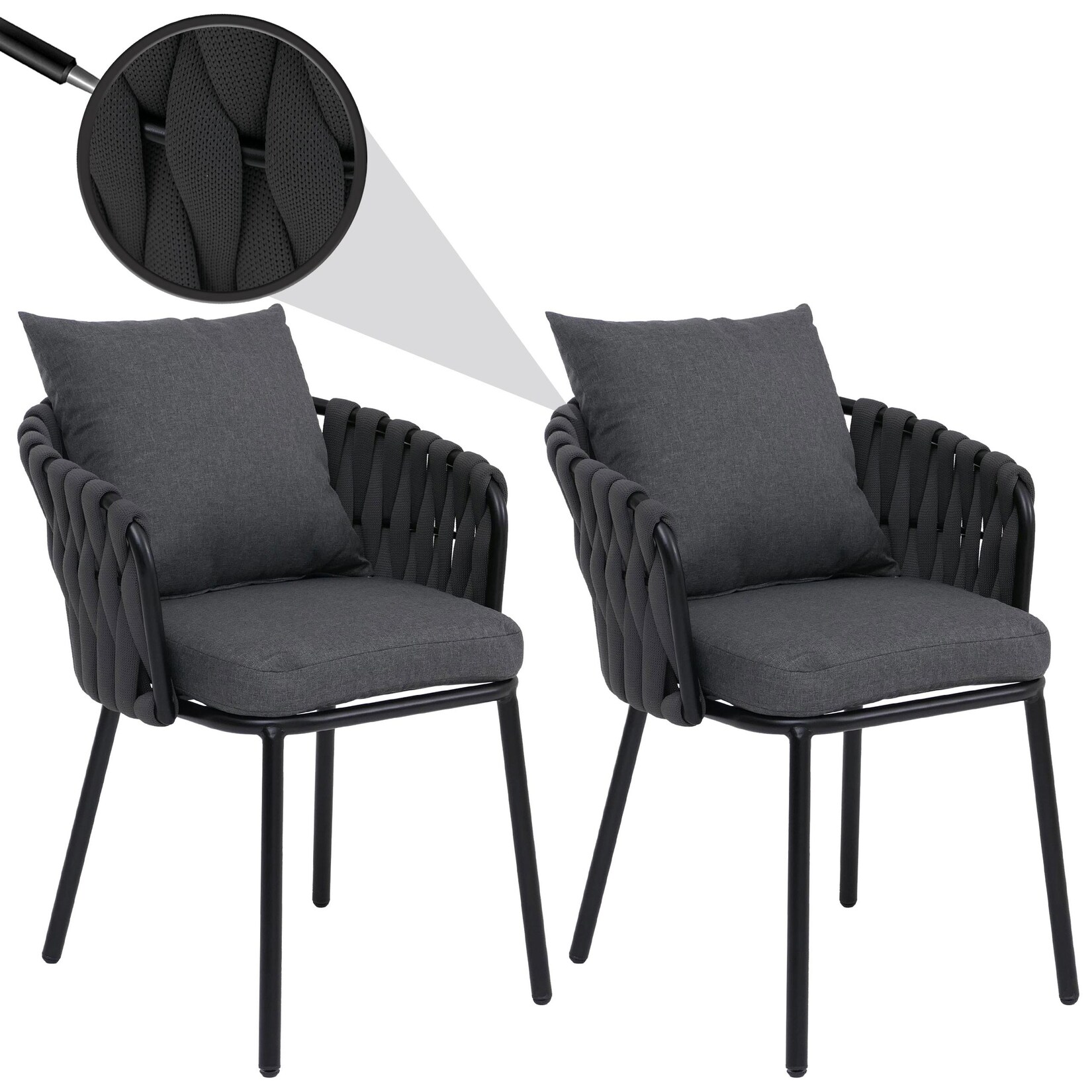 2er-Set Aluminium-Esszimmerstuhl MCW-P89, Indoor Stuhl Armlehne, Stoff/Textil (180 g/m²) Seilgeflecht Rope ~ anthrazit