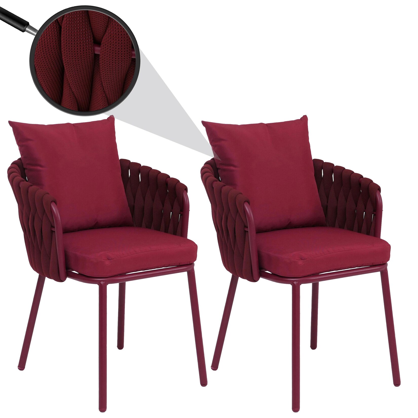 2er-Set Aluminium-Esszimmerstuhl MCW-P89, Indoor Stuhl Armlehne, Stoff/Textil (180 g/m²) Seilgeflecht Rope ~ bordeaux