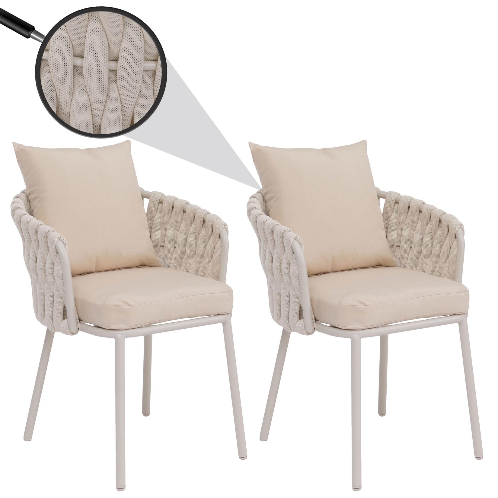 2er-Set Aluminium-Esszimmerstuhl MCW-P89, Indoor Stuhl Armlehne, Stoff/Textil (180 g/m²) Seilgeflecht Rope ~ creme