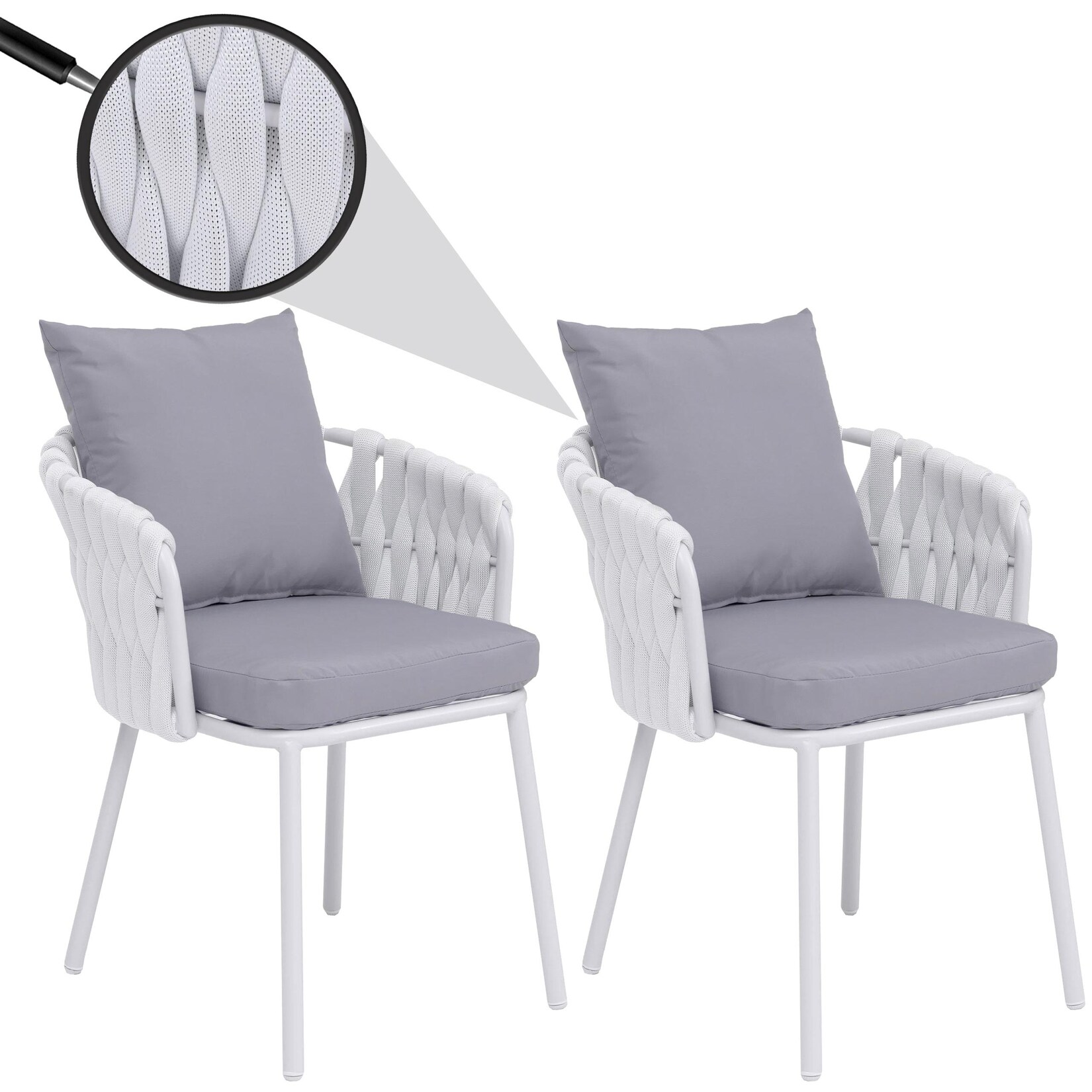2er-Set Aluminium-Esszimmerstuhl MCW-P89, Indoor Stuhl Armlehne, Stoff/Textil (180 g/m²) Seilgeflecht Rope ~ hellgrau