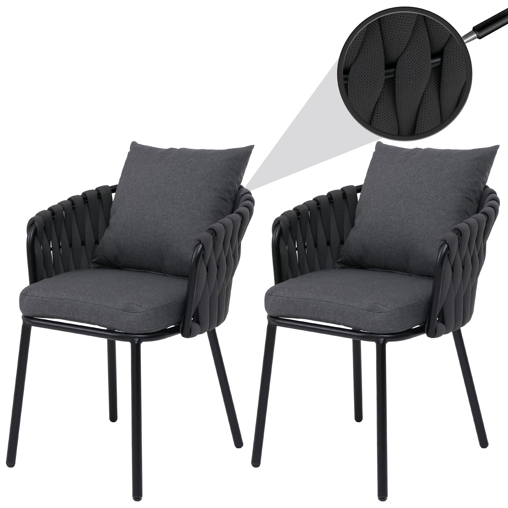 2er-Set Aluminium-Gartenstuhl MCW-P89, Gartensessel Outdoor Stuhl, Stoff/Textil (180 g/m²) Seilgeflecht Rope ~ anthrazit