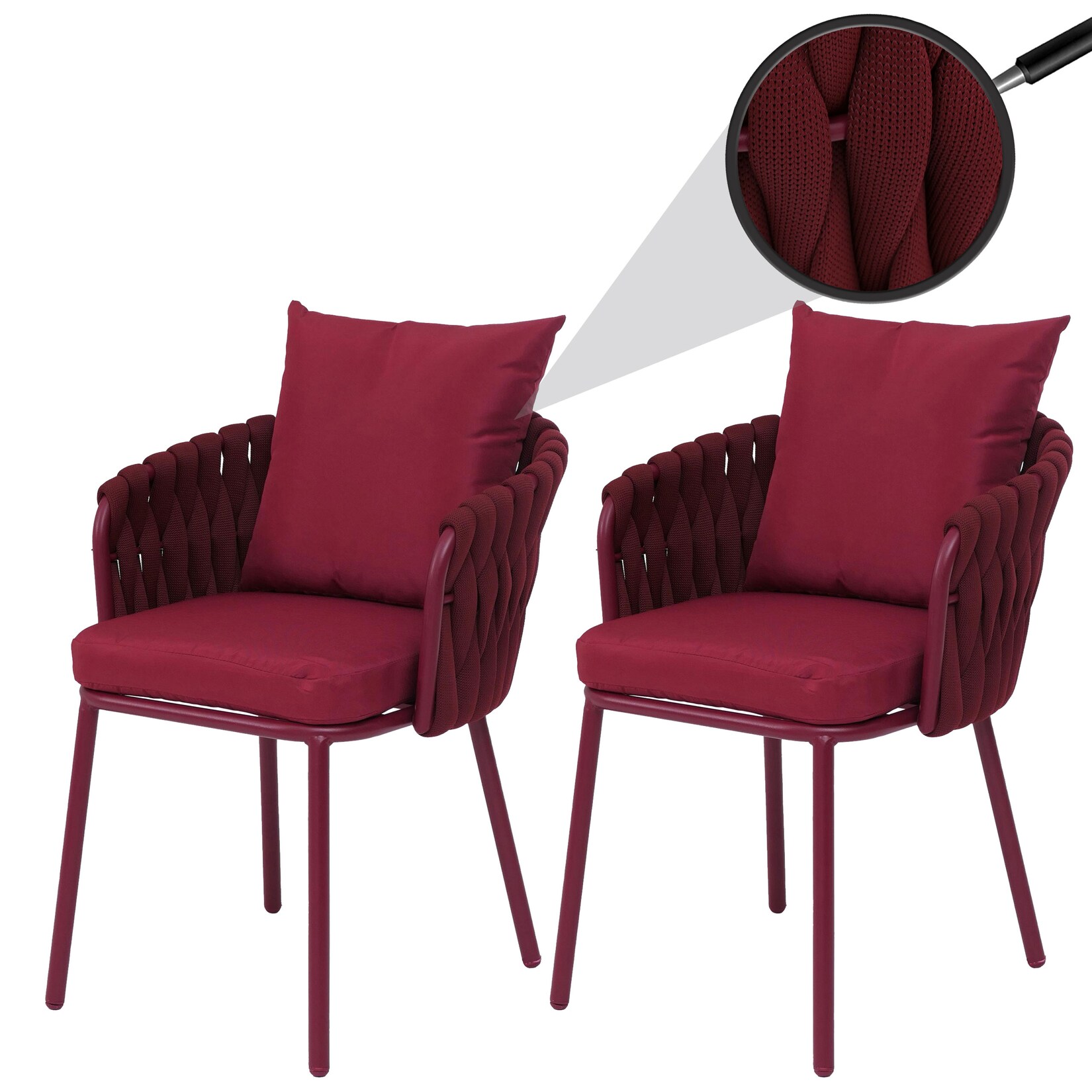 2er-Set Aluminium-Gartenstuhl MCW-P89, Gartensessel Outdoor Stuhl, Stoff/Textil (180 g/m²) Seilgeflecht Rope ~ bordeaux