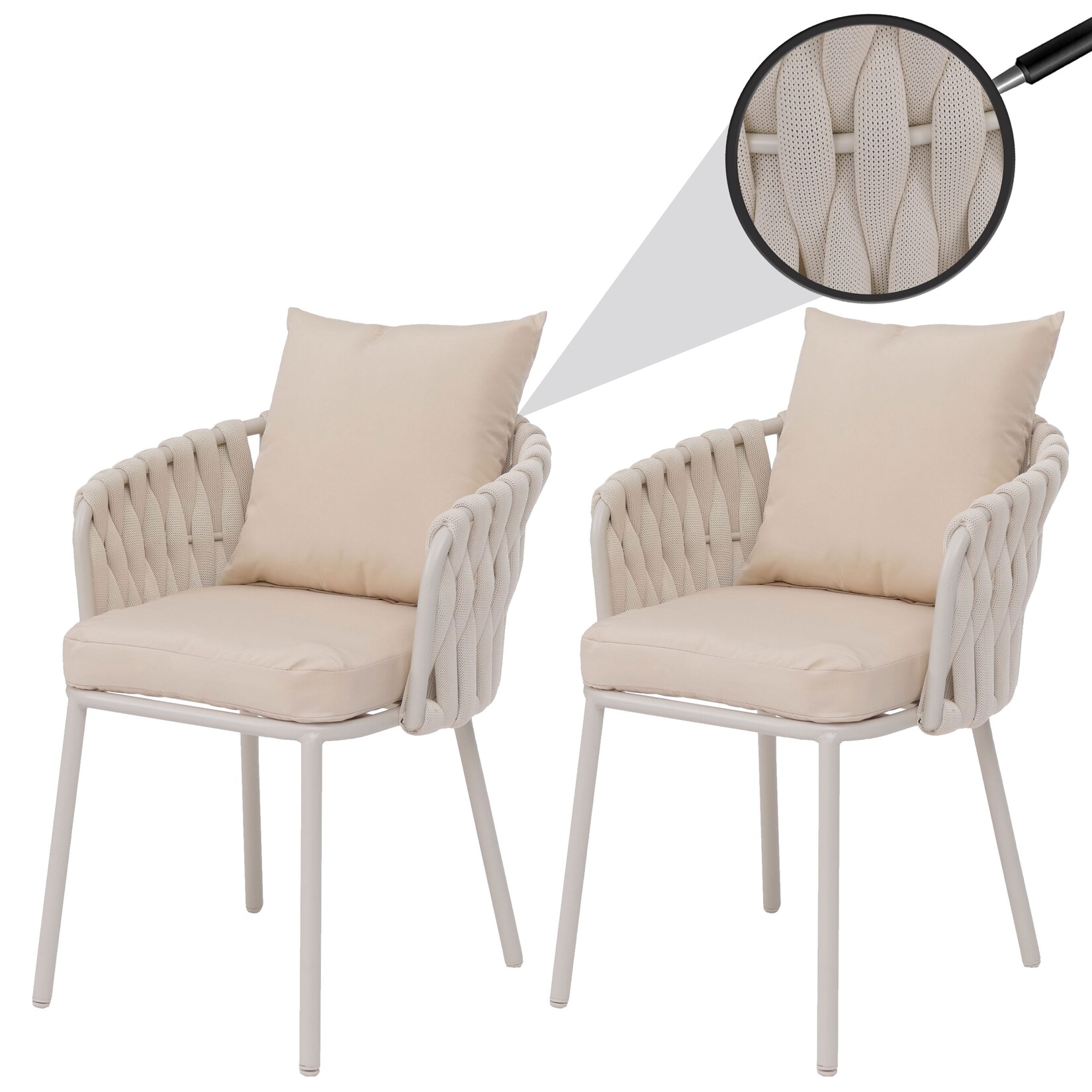 2er-Set Aluminium-Gartenstuhl MCW-P89, Gartensessel Outdoor Stuhl, Stoff/Textil (180 g/m²) Seilgeflecht Rope ~ creme
