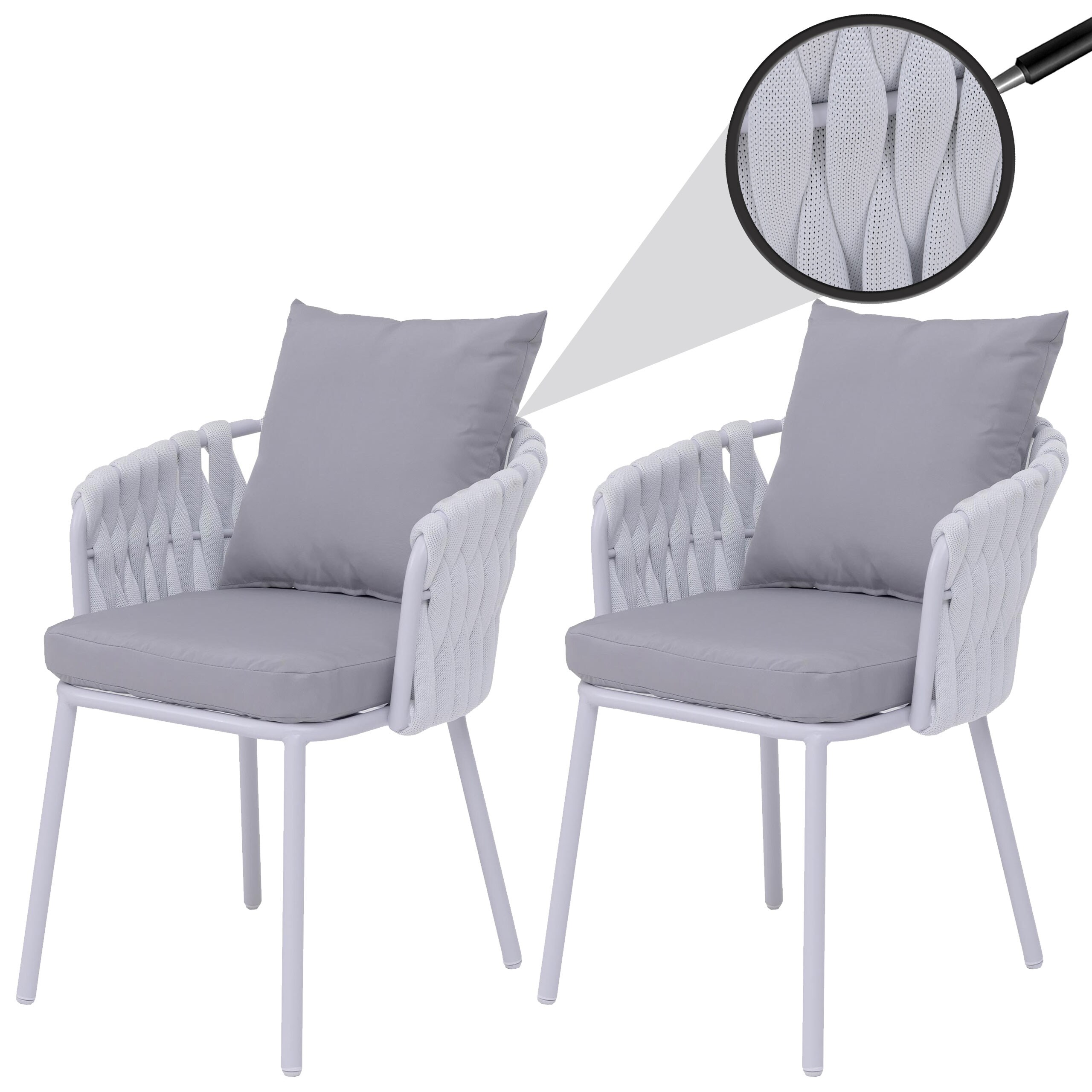 2er-Set Aluminium-Gartenstuhl MCW-P89, Gartensessel Outdoor Stuhl, Stoff/Textil (180 g/m&sup2;) Seilgeflecht Rope ~ hellgrau - Bild 1