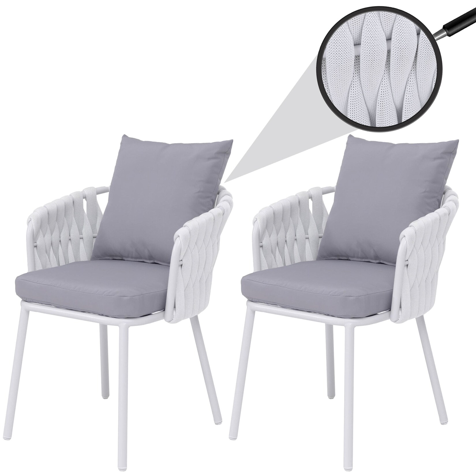2er-Set Aluminium-Gartenstuhl MCW-P89, Gartensessel Outdoor Stuhl, Stoff/Textil (180 g/m²) Seilgeflecht Rope ~ hellgrau