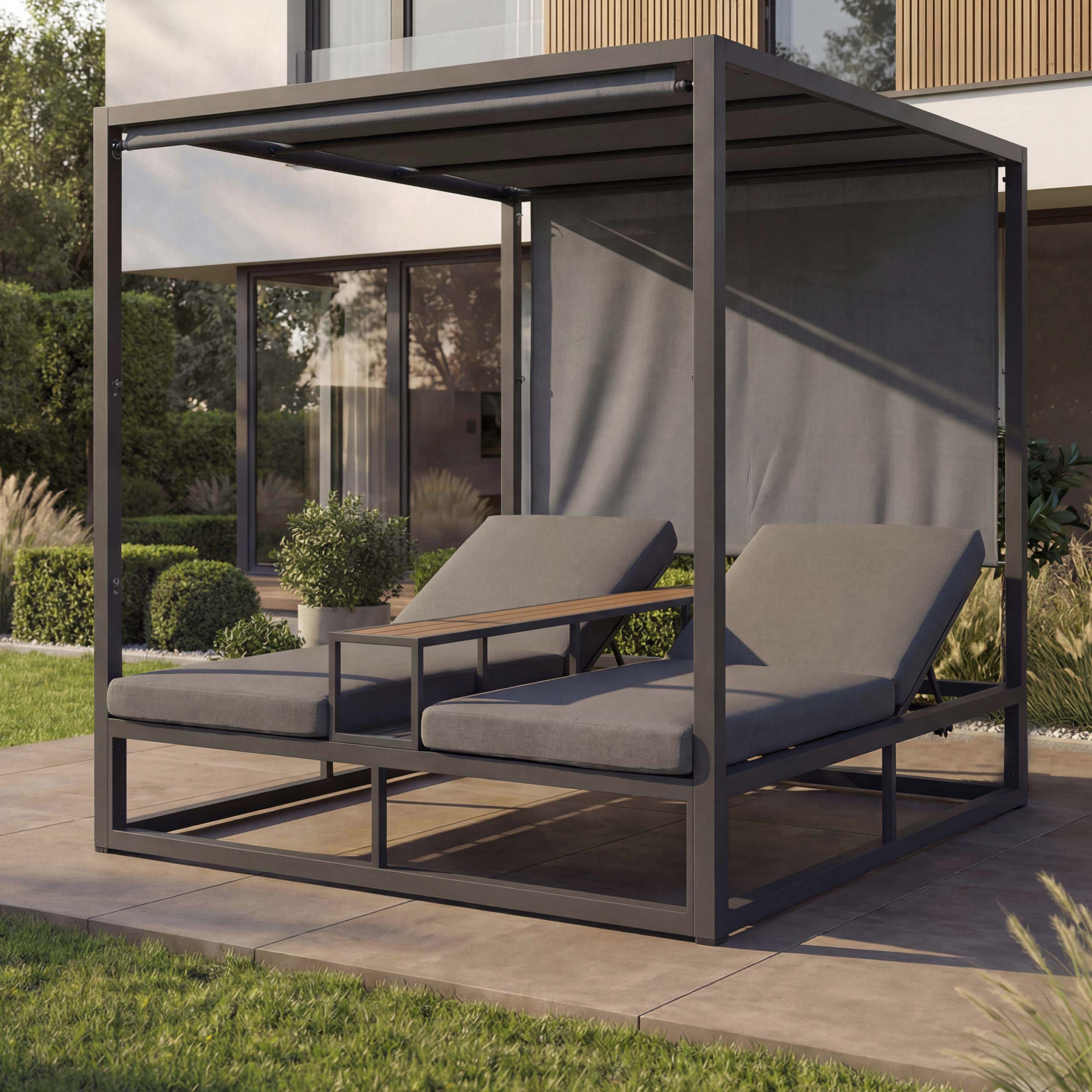 Alu Lounge-Gartenliege MCW-P81, Sonnenliege Daybed, 10cm-Polster 220g/m&sup2; 196x165x196cm ~ dunkelgrau, Polster grau - Bild 1
