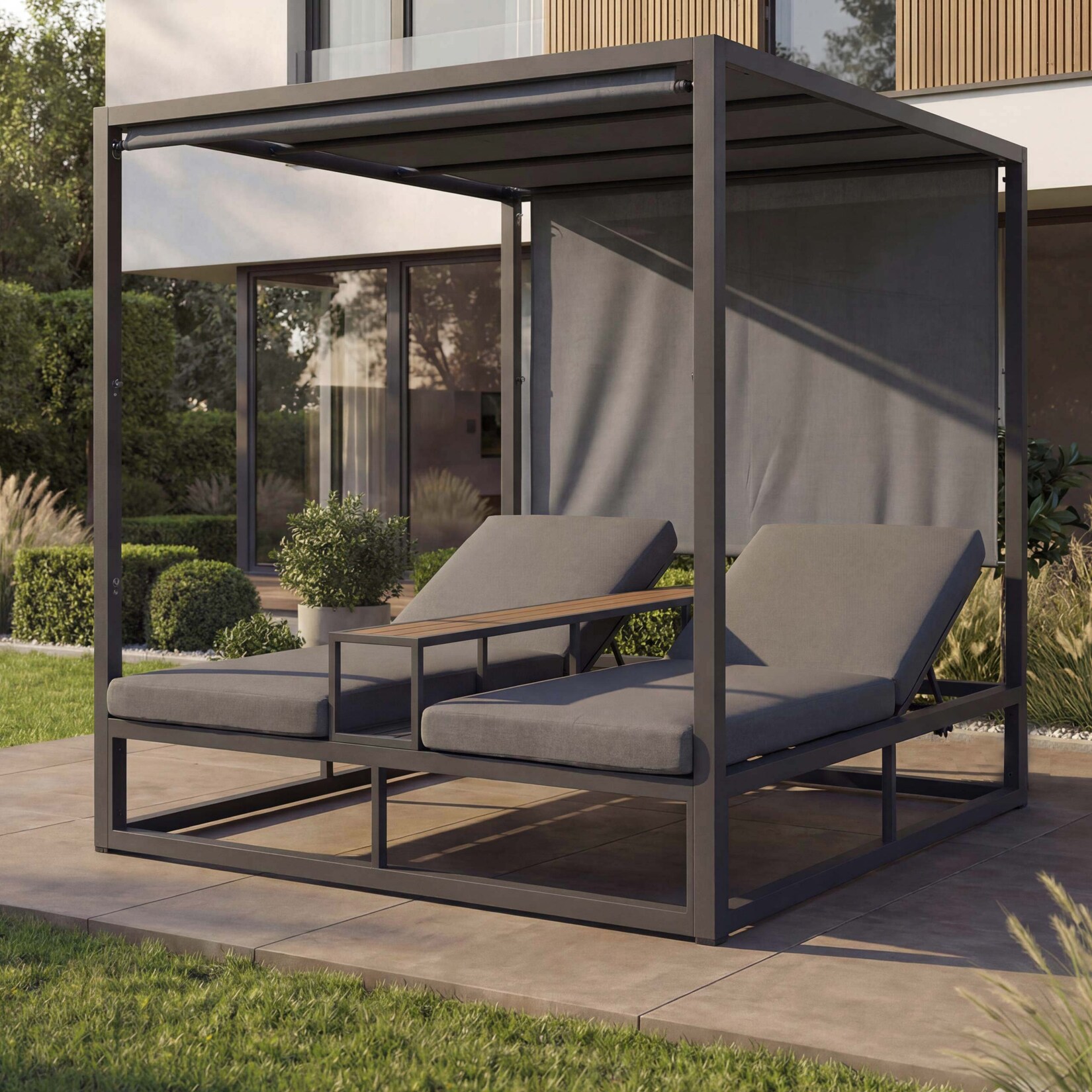 Alu Lounge-Gartenliege MCW-P81, Sonnenliege Daybed, 10cm-Polster 220g/m² 196x165x196cm ~ dunkelgrau, Polster grau