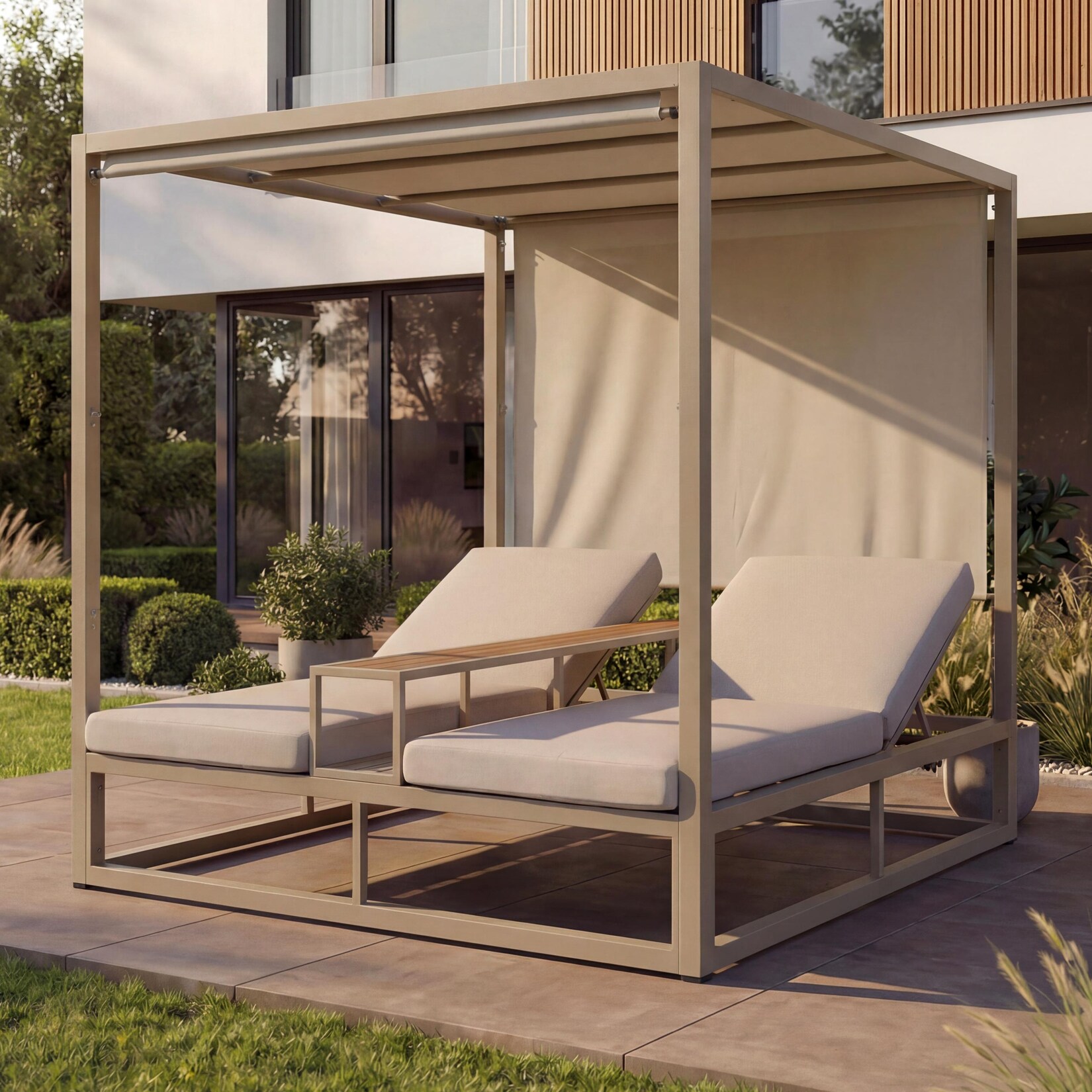 Alu Lounge-Gartenliege MCW-P81, Sonnenliege Daybed, 10cm-Polster 220g/m² 196x165x196cm ~ beige, Polster beige