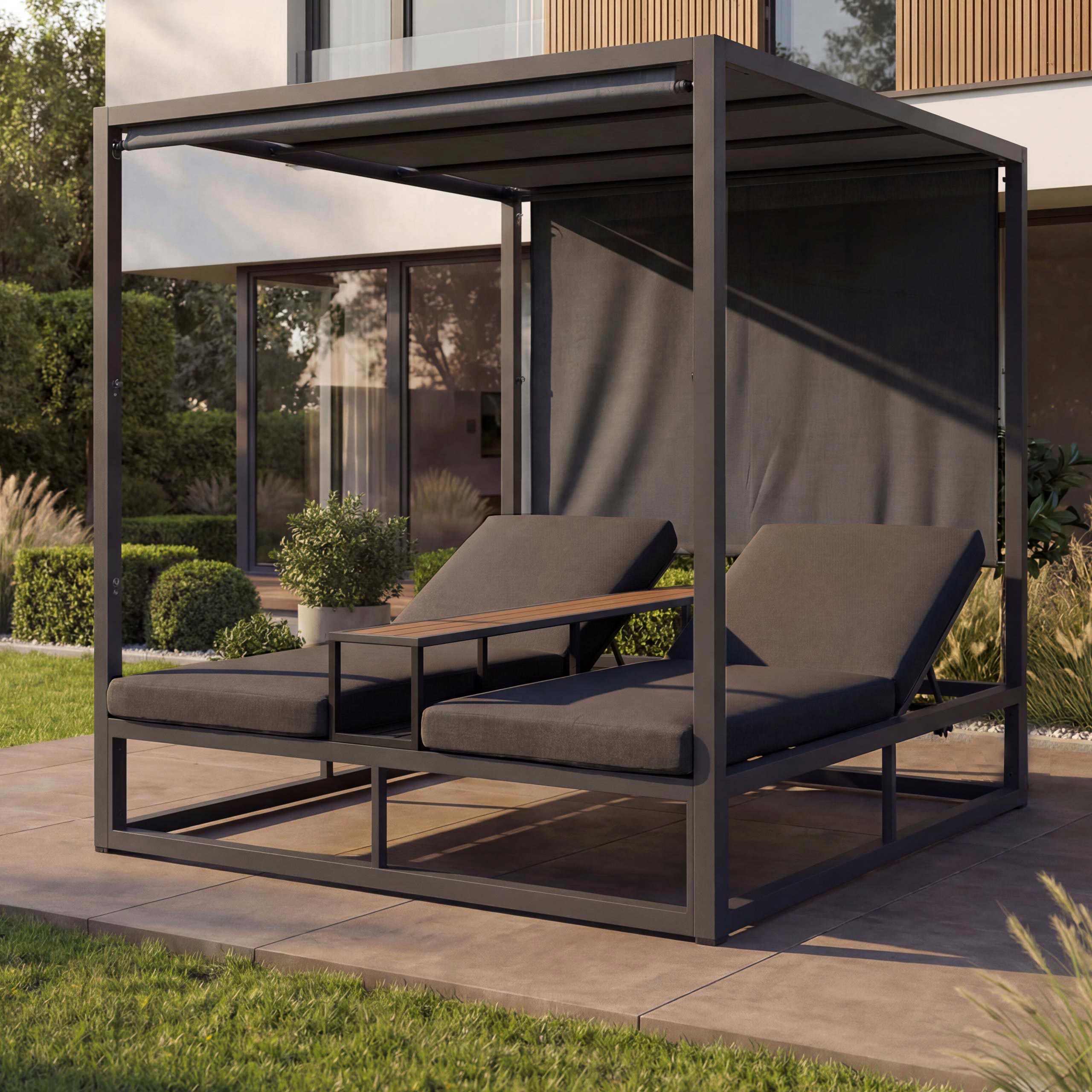 Alu Lounge-Gartenliege MCW-P81, Sonnenliege Daybed, 10cm-Polster 220g/m&sup2; 196x165x196cm ~ dunkelgrau, Polster dunkelgrau - Bild 1