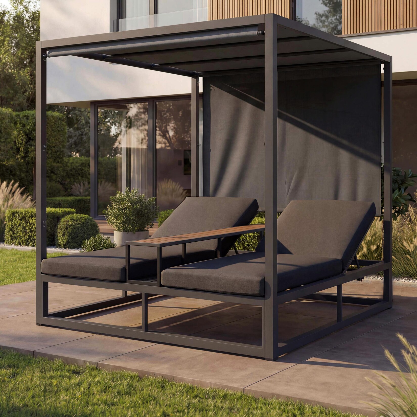 Alu Lounge-Gartenliege MCW-P81, Sonnenliege Daybed, 10cm-Polster 220g/m² 196x165x196cm ~ dunkelgrau, Polster dunkelgrau
