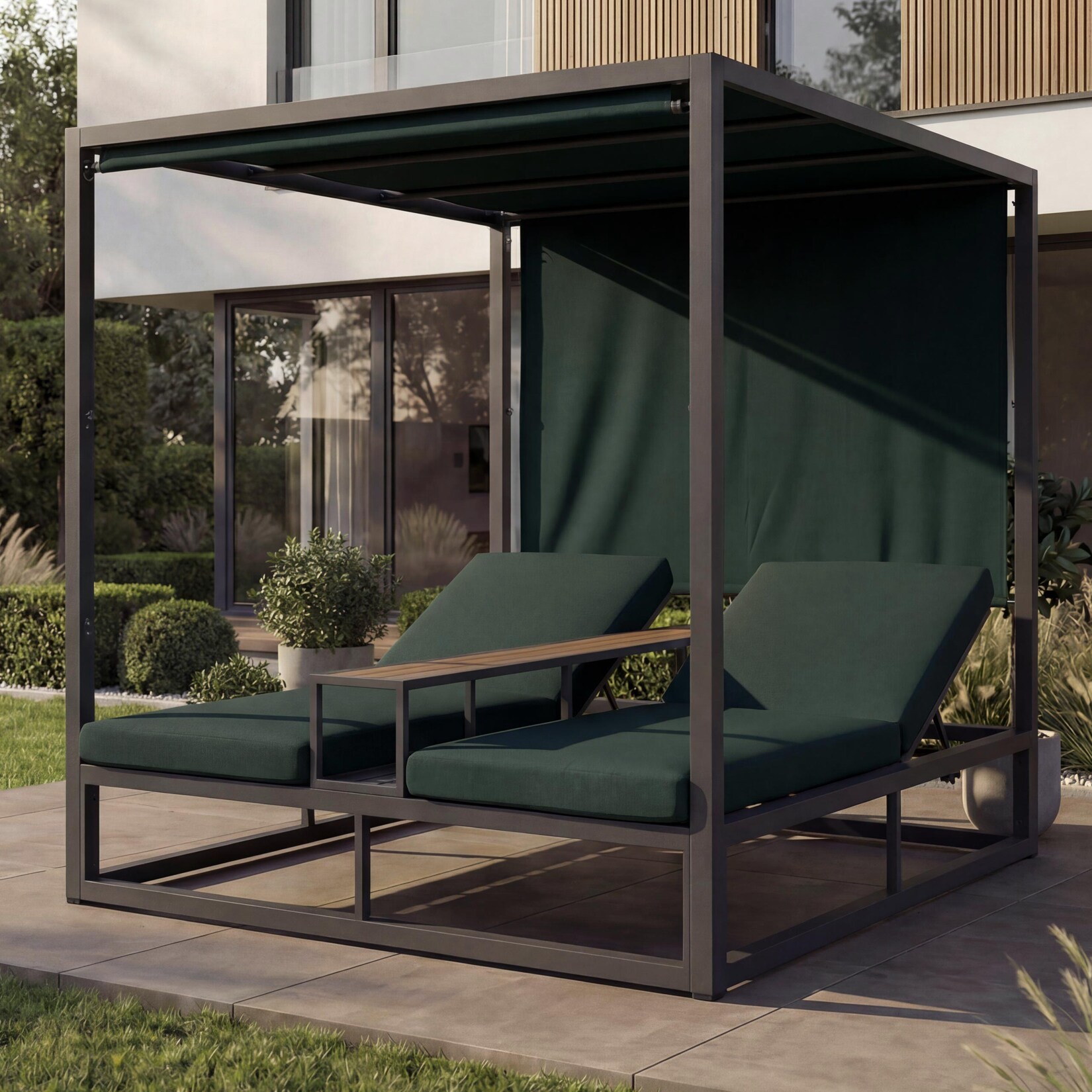 Alu Lounge-Gartenliege MCW-P81, Sonnenliege Daybed, 10cm-Polster 220g/m² 196x165x196cm ~ dunkelgrau, Polster dunkelgrün