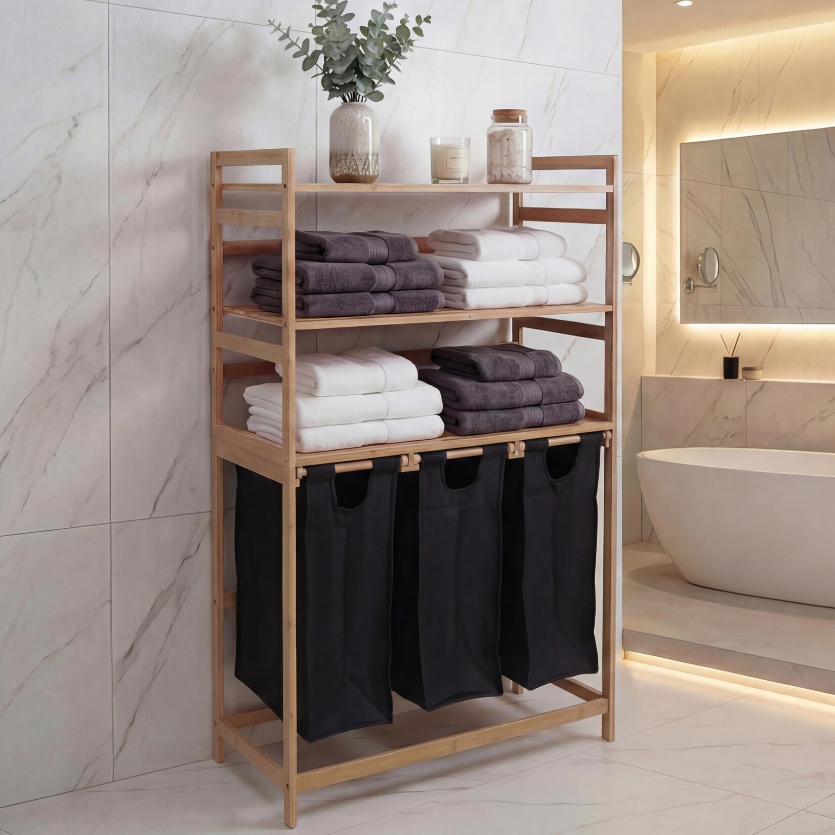 Bambus Wäschesammler MCW-P78, Wäschesortierer Wäschekorb Regal Wäscheorganizer, 3 Ablagen MVG 125x80x40cm 135L ~ schwarz