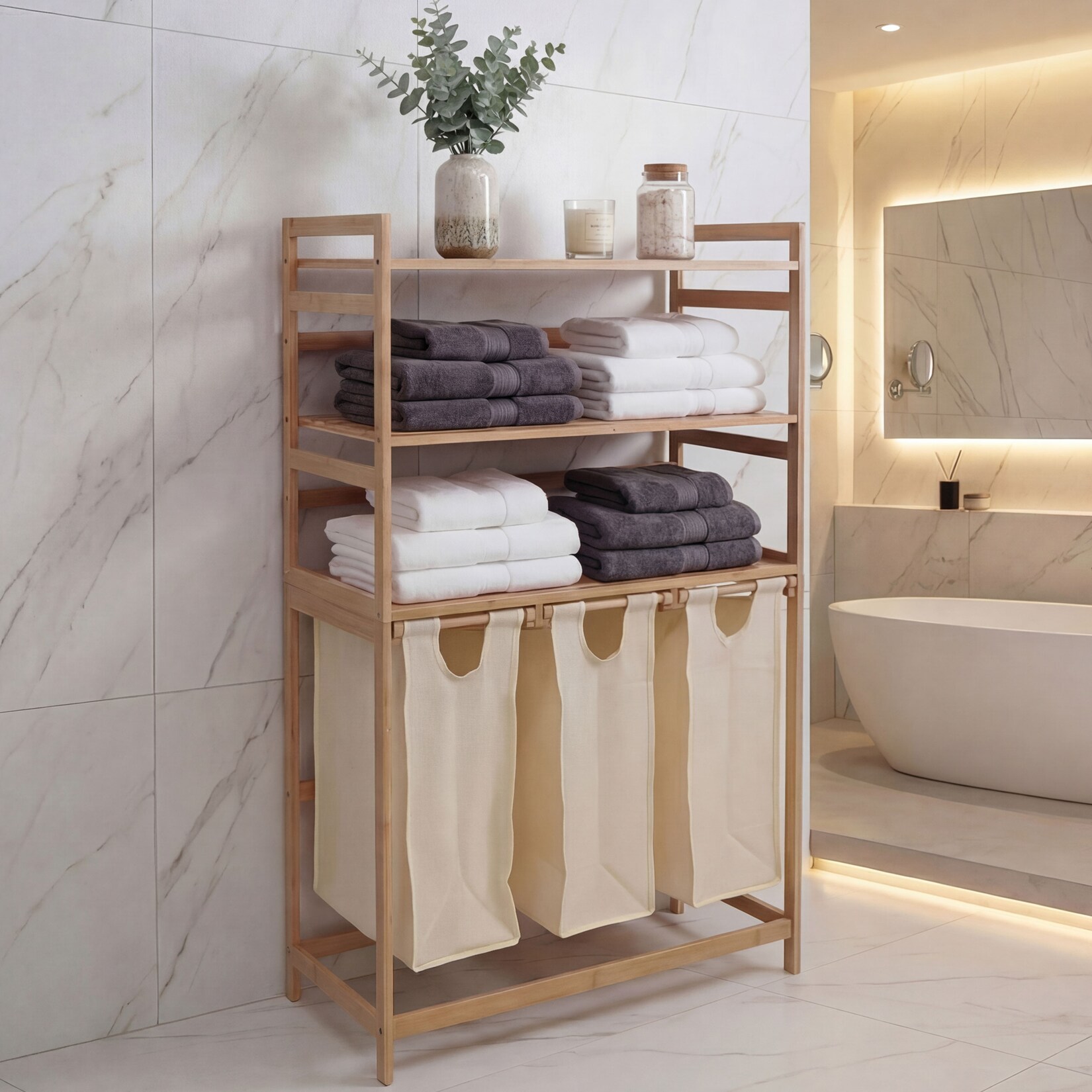 Bambus Wäschesammler MCW-P78, Wäschesortierer Wäschekorb Regal Wäscheorganizer, 3 Ablagen MVG 125x80x40cm 135L ~ creme