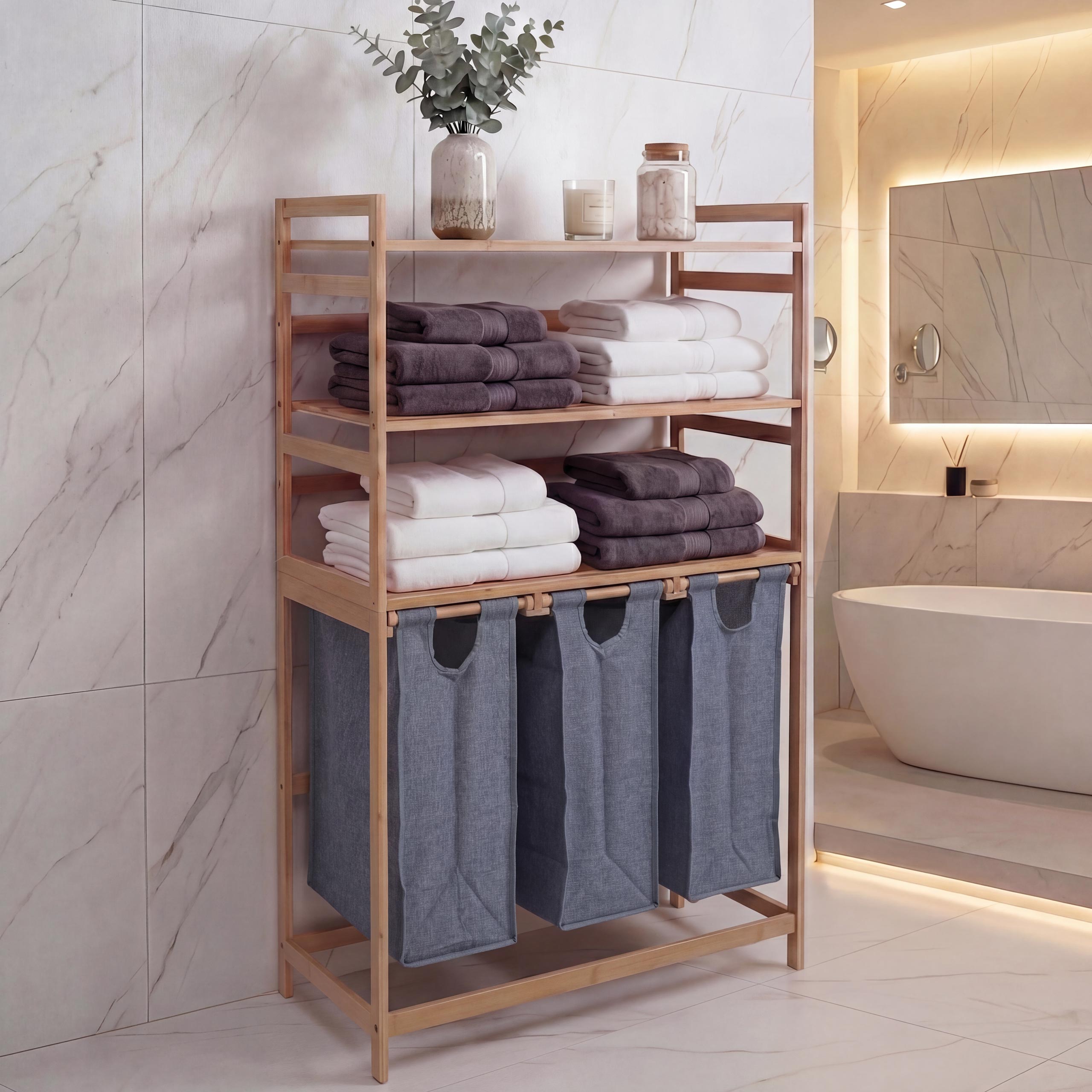 Bambus W&auml;schesammler MCW-P78, W&auml;schesortierer W&auml;schekorb Regal W&auml;scheorganizer, 3 Ablagen MVG 125x80x40cm 135L ~ grau - Bild 1