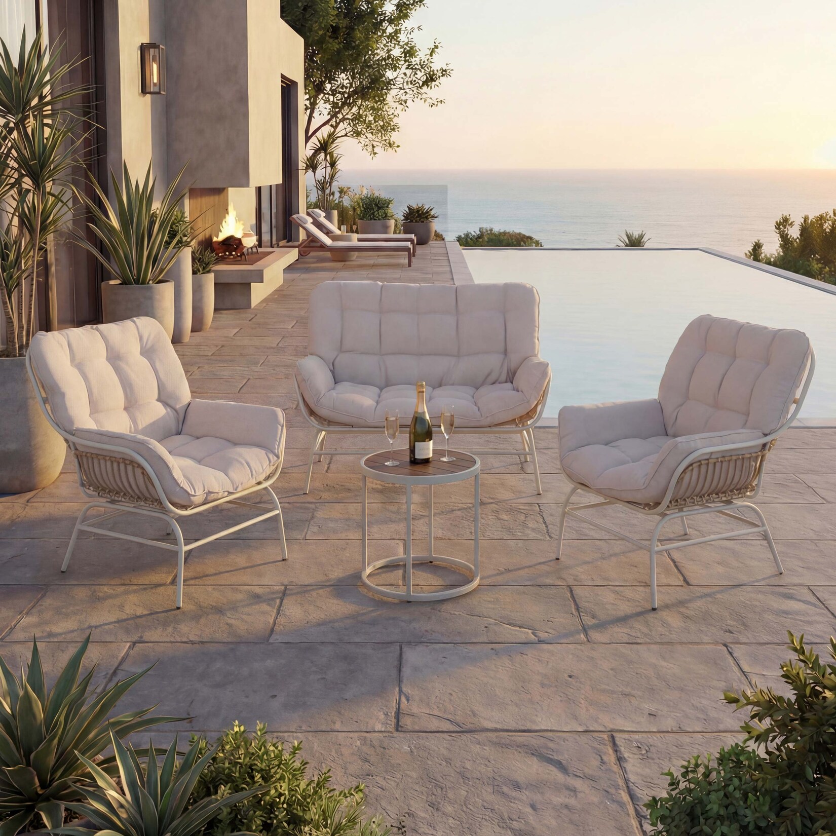 Lounge-Set MCW-P75, Gartengarnitur Sofa Sitzgruppe, Stoff 220g/m² Poly-Rattan Metall ~ hellgrau, Polster beige