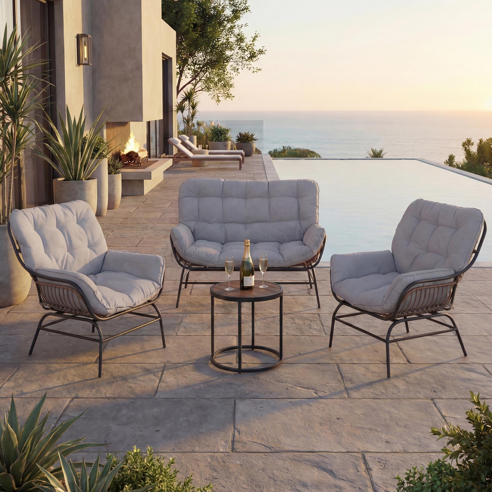 Lounge-Set MCW-P75, Gartengarnitur Sofa Sitzgruppe, Stoff 220g/m² Poly-Rattan Metall ~ dunkelgrau, Polster hellgrau
