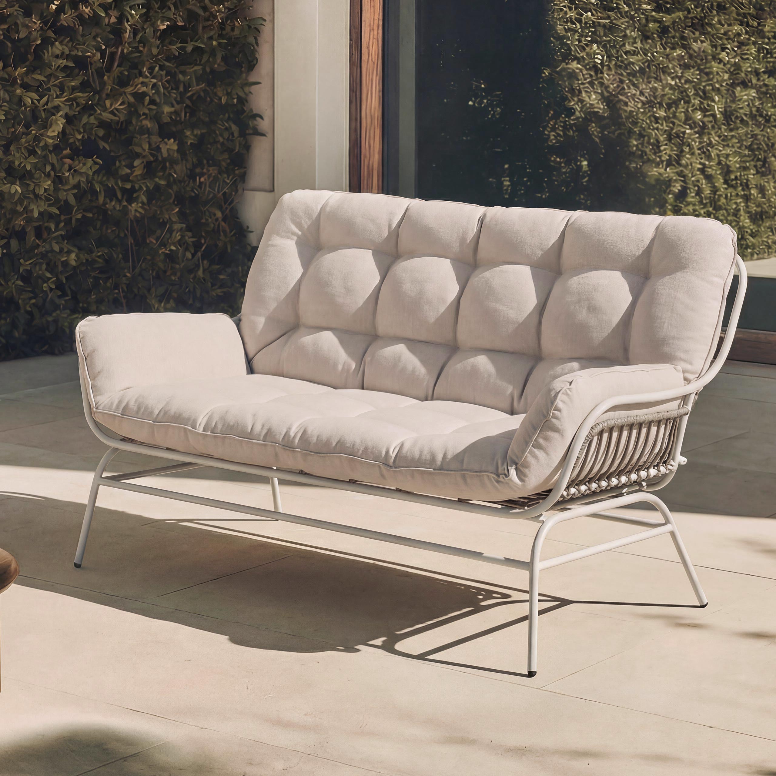2er-Sofa MCW-P75, Gartensofa Gartenbank Couch 2-Sitzer, Stoff 220g/m&sup2; Poly-Rattan Metall ~ hellgrau, Polster beige - Bild 1
